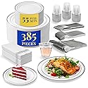 Reli. Plastic Plates for Party | 385 Pcs | White w/Silver Rim | Plates and Napkins Party Supplies | Disposable Dinnerware Set for 55 Guests |Dinner