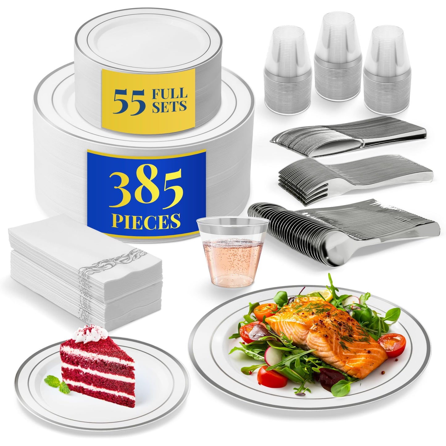 Reli. Plastic Plates for Party | 385 Pcs | White w/Silver Rim | Plates and Napkins Party Supplies | Disposable Dinnerware Set for 55 Guests |Dinner