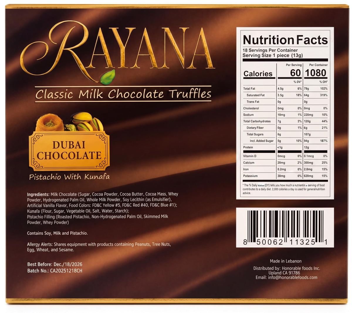 Rayana Dubai Milk Chocolate Truffles Gift Box, Cranchy Pistachio with Kunafa, Premium, 18 Piece, 8.25 oz