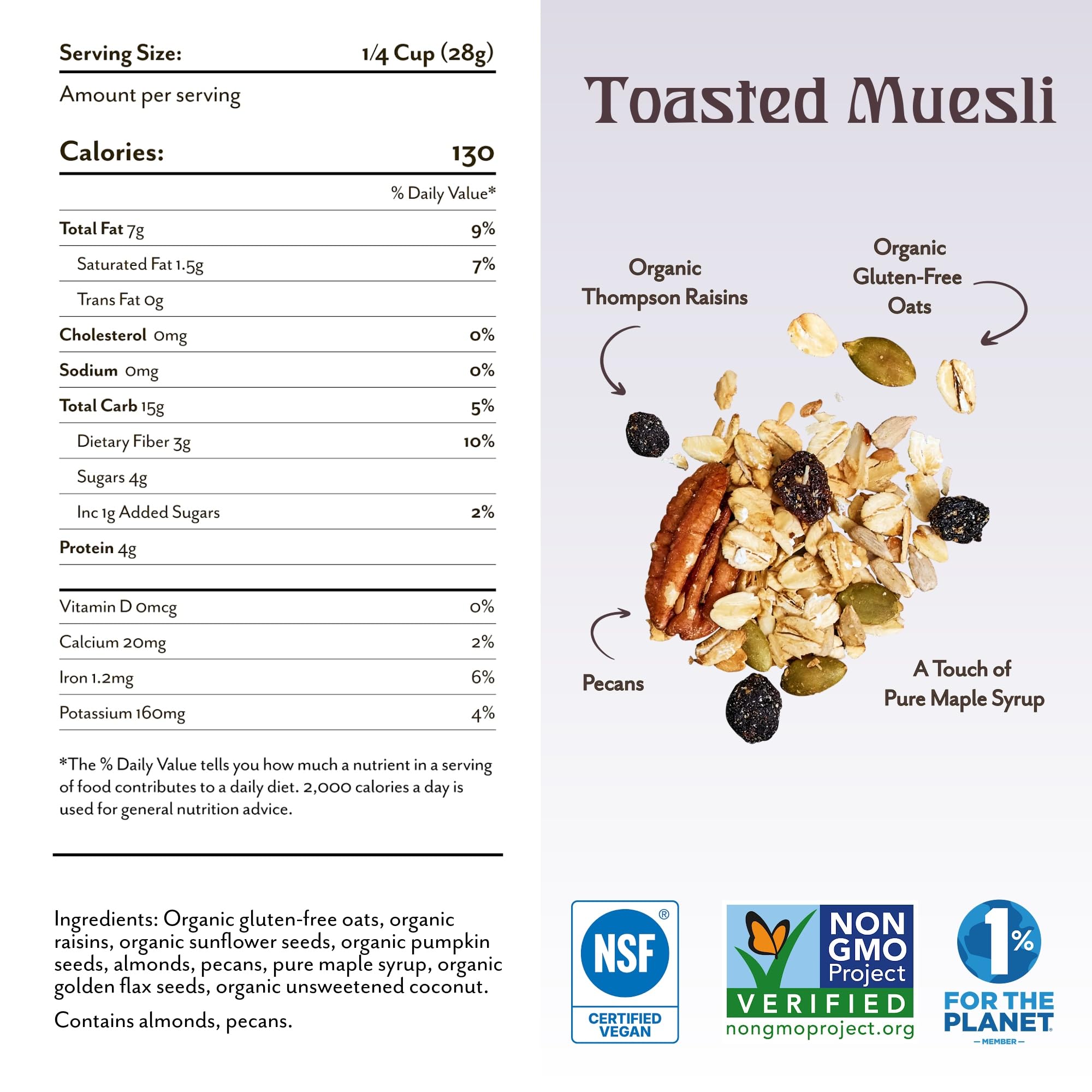 Michele's Toasted Muesli, Whole Grain Cereal, No Refined Sugar, No Added Oil, Gluten-Free & Non-GMO, 36oz Resealable Bag