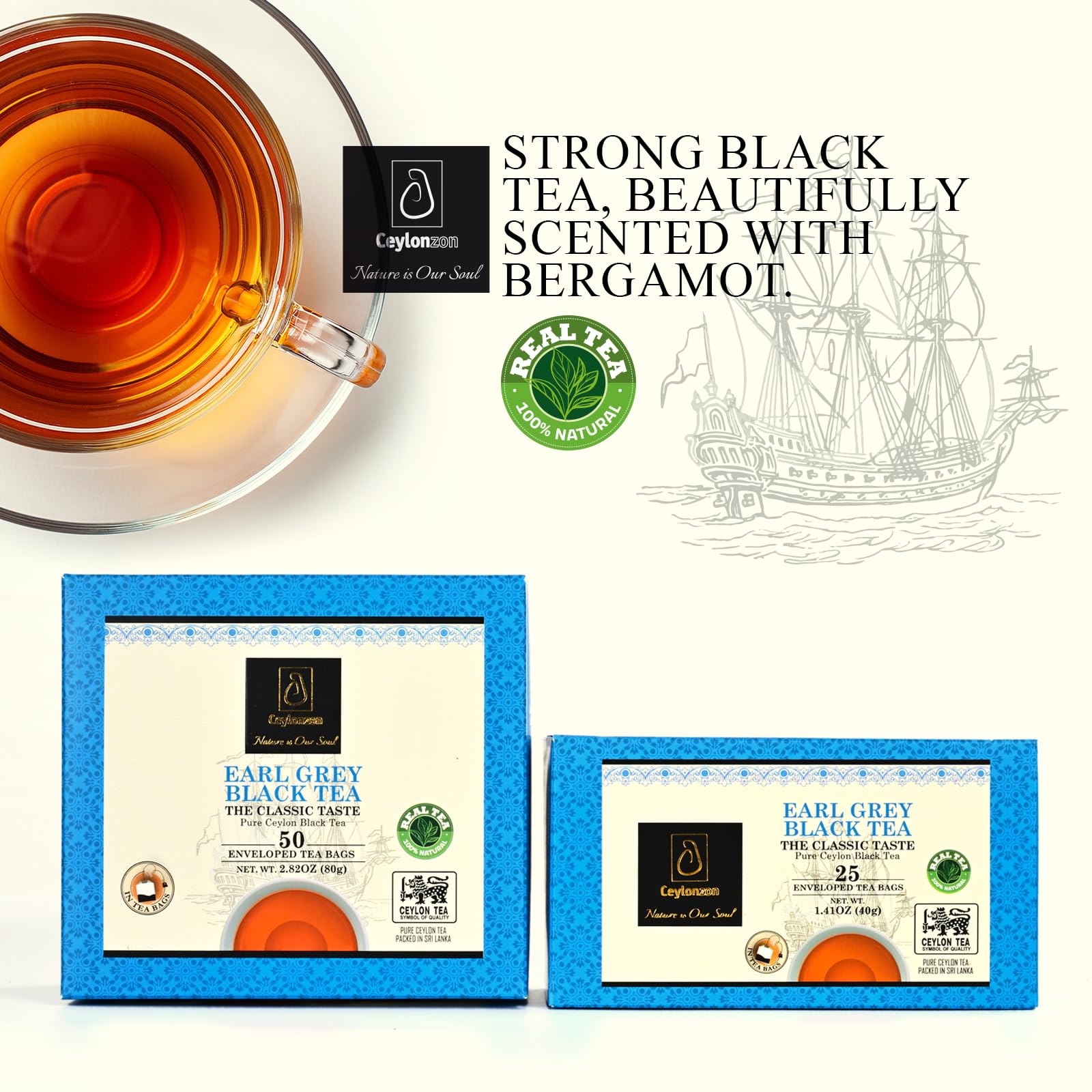 Ceylonzon Earl Grey Black Tea Classic Taste 50 Individually Foil-Wrapped Tea Bags, Infused with Pure Bergamot for a Bold, Aromatic Flavor