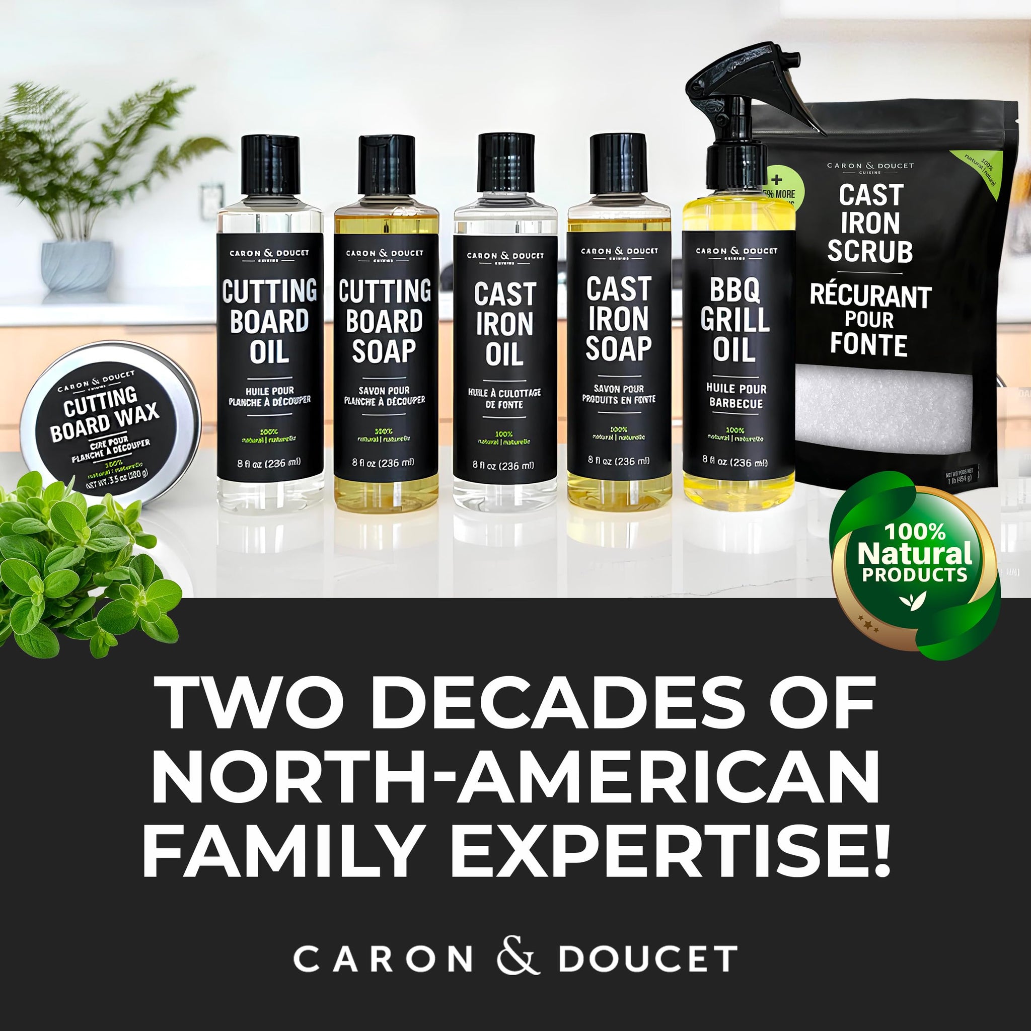 CARON & DOUCET - New Ultimate Cast Iron Set: Seasoning Oil, Cleaning Soap & Restoring Scrub | 100% Plant-Based & Best for Cleaning Care, Washing