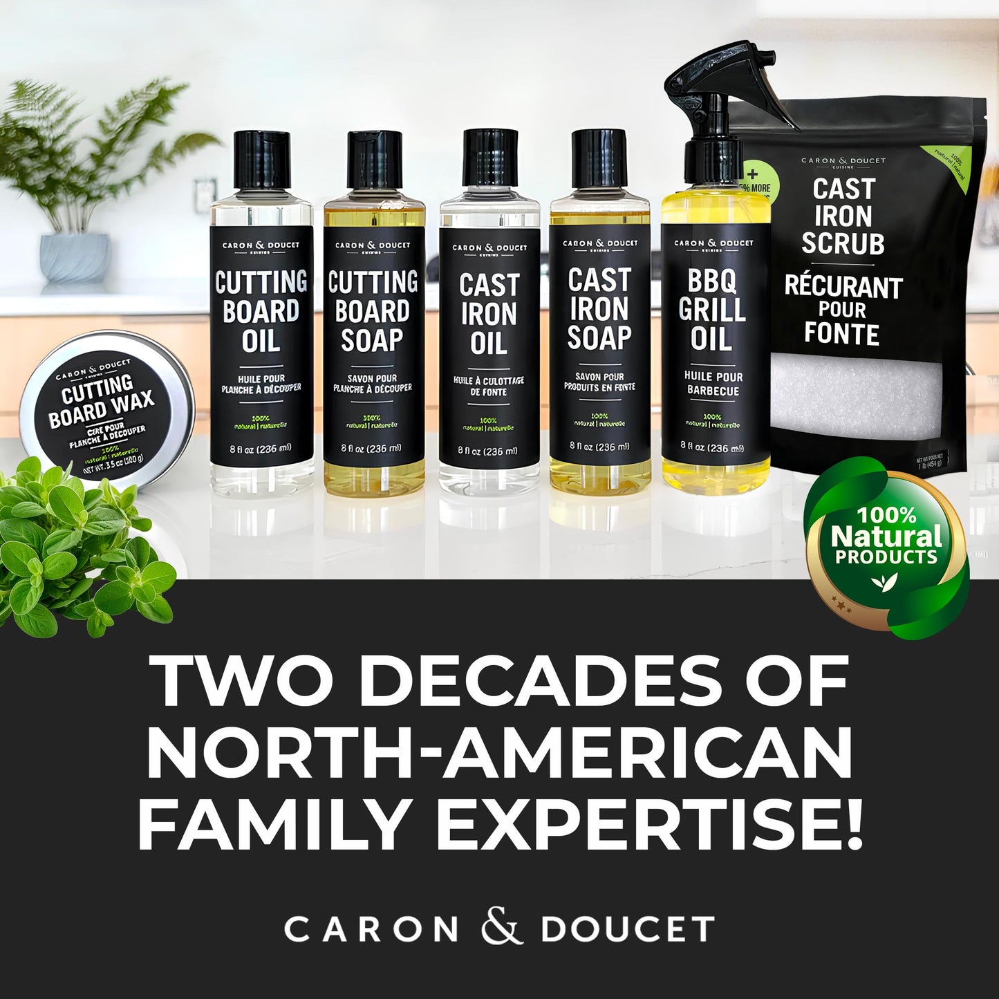 CARON & DOUCET - Ultimate Cast Iron Set PLUS: Seasoning Oil, Cleaning Soap & Restoring Scrub | 100% Plant-Based & Best for Cleaning Care, Washing
