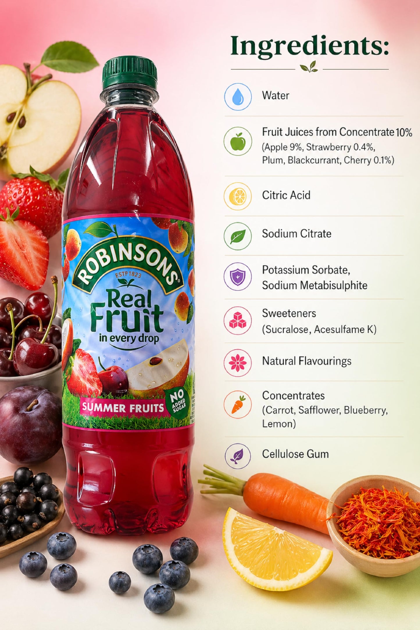 Robinson's Summer Fruits, No Added Sugar, 1-Liter (Pack of 3)