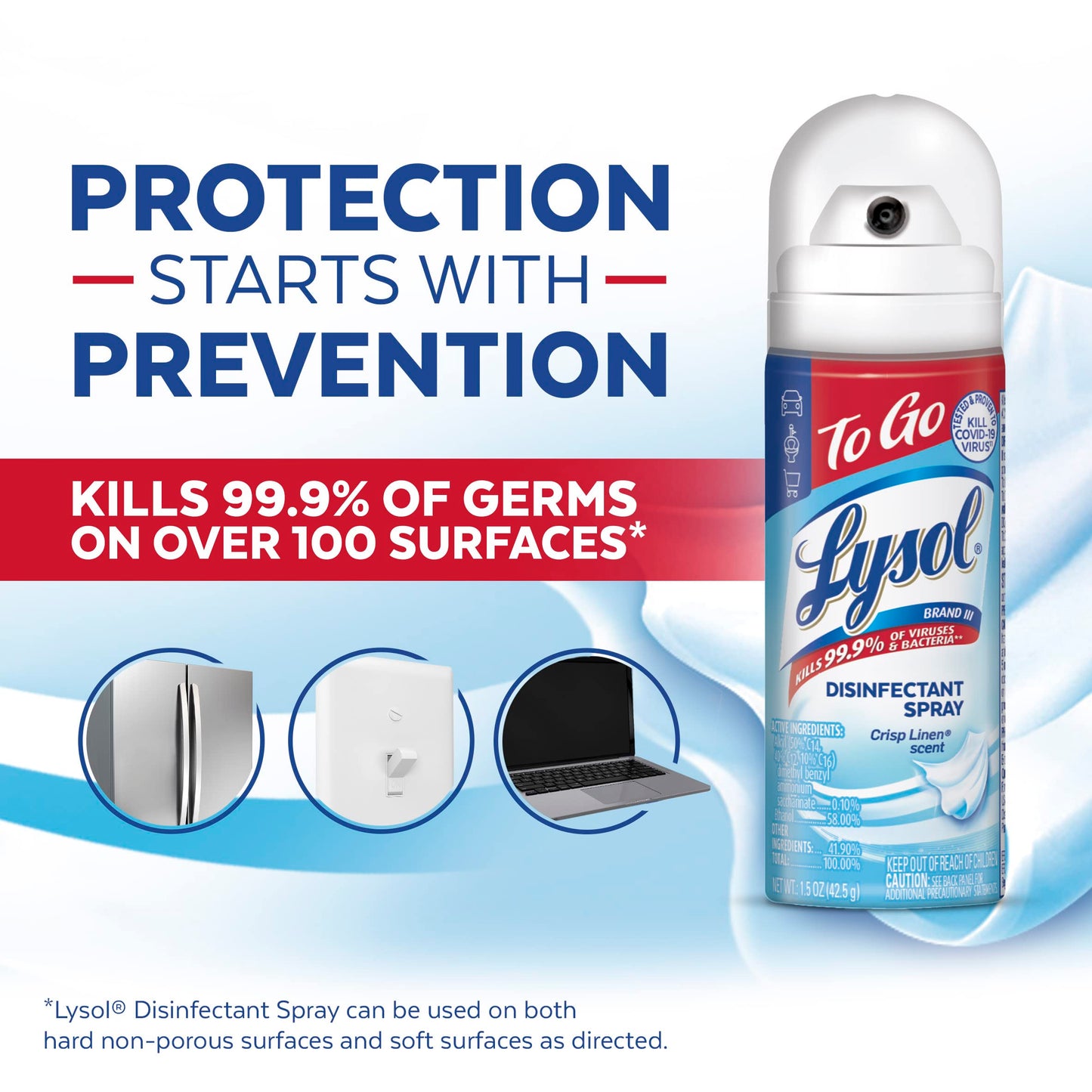 Lysol To Go Disinfectant Spray, Travel Size Sanitizing, For On-the-Go Disinfecting and Deodorizing, Crisp Linen, 1.5 Fl. Oz (Pack of 4)