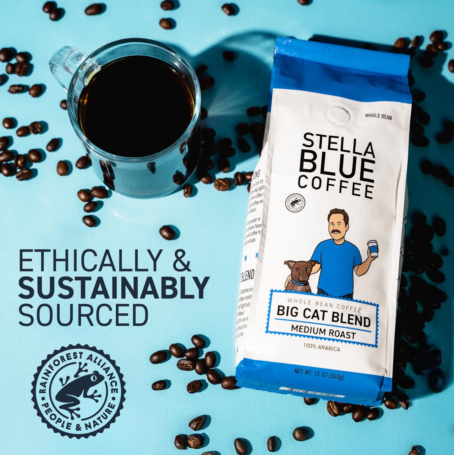 Stella Blue Whole Bean Coffee, Big Cat Blend, Medium Roast Caramel Hazelnut, Fruity Notes 100% Arabica Beans, Ethically Sourced from Central and South