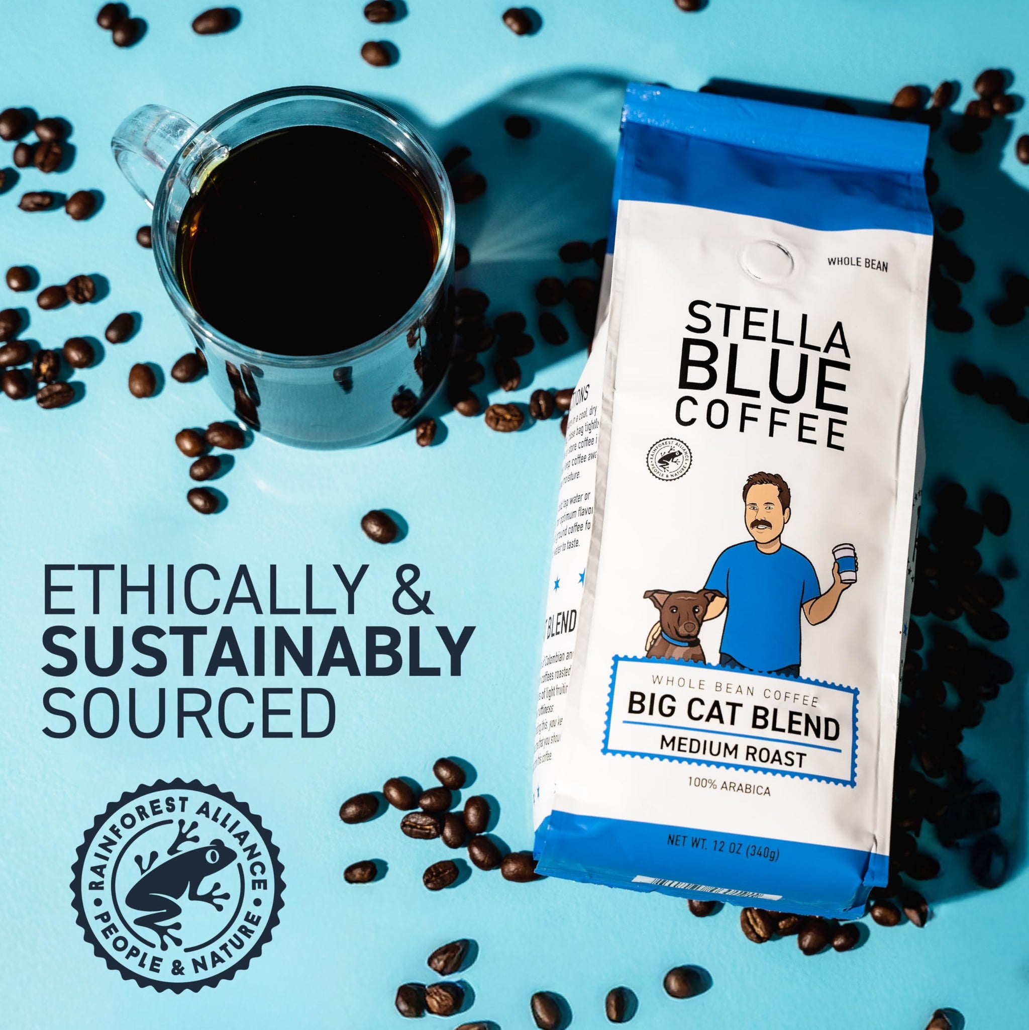 Stella Blue Whole Bean Coffee, Big Cat Blend, Medium Roast Caramel Hazelnut, Fruity Notes 100% Arabica Beans, Ethically Sourced from Central and South