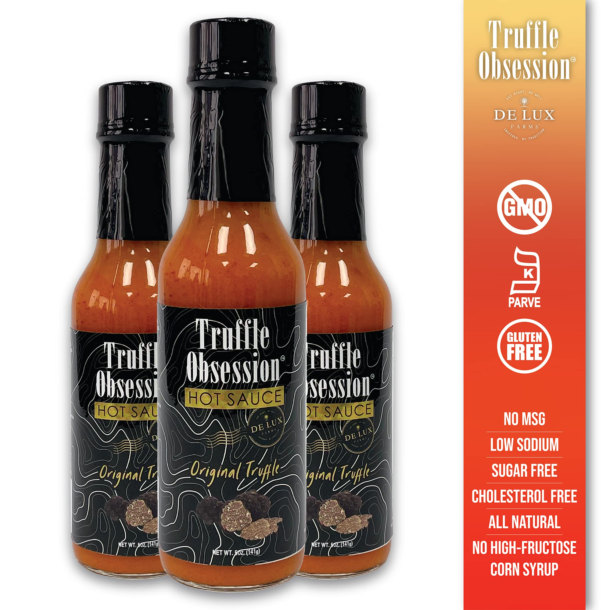 De Lux Farms-Truffle Obsession Gourmet Hot Sauce (Original, Mild Heat)-Kosher Certified Hot Sauce Made w/ Aged Cayenne Peppers and White Truffle