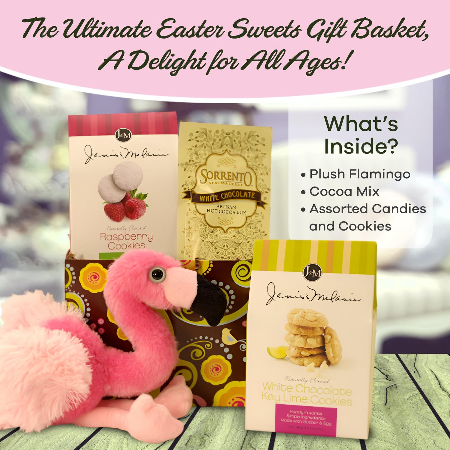 Gift Basket Village Easter Sweets Gift Basket Pre Filled Easter Basket Ideas for Kids & Adults with Candy, Plush Flamingo, Cocoa, and Cookies, Teenage