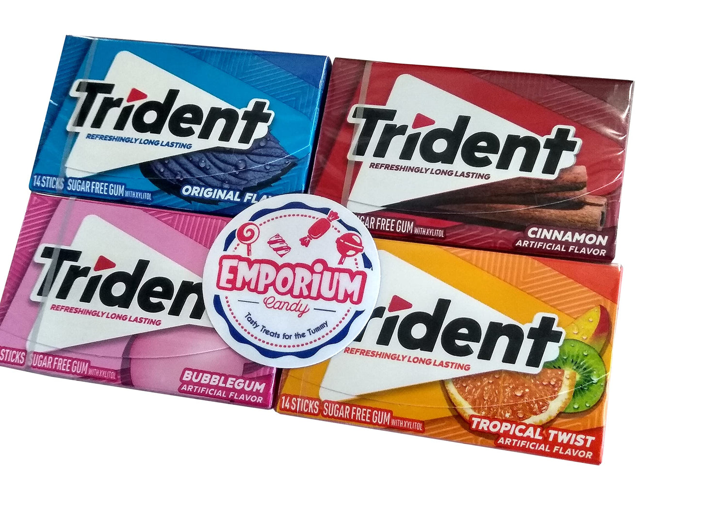 EMPORIUM CANDY TASTY TREATS FOR THE TUMMY Trident Gum Assortment - 1 Pack Each of Bubblegum Original Cinnamon Tropical Twist - 14 Pieces per Pack