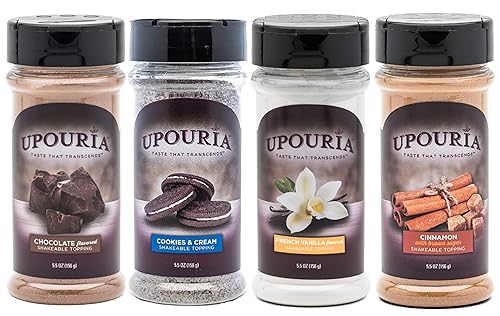Sunny Sky Upouria Coffee Topping Variety Pack - Chocolate, Cookies N Cream, French Vanilla and Cinnamon with Brown Sugar - 5.5 Ounce Shakeable Topping