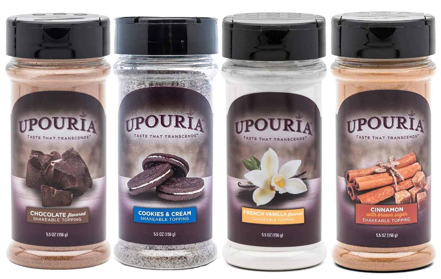 Sunny Sky Upouria Coffee Topping Variety Pack - Chocolate, Cookies N Cream, French Vanilla and Cinnamon with Brown Sugar - 5.5 Ounce Shakeable Topping