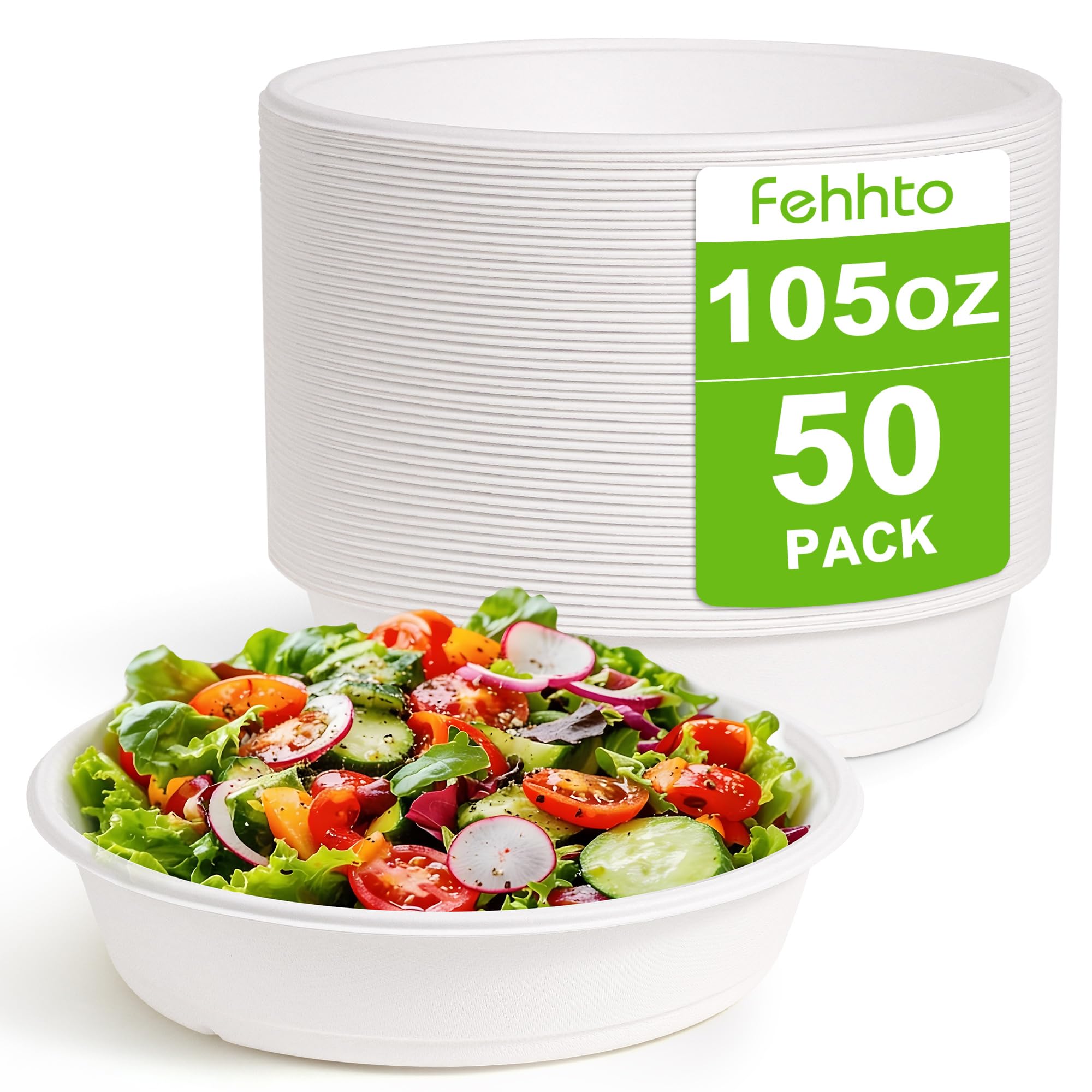 FEHHTO 50-Pack 105oz Extra Large Disposable Paper Salad Bowls, Heavy Duty Sugarcane Fiber Paper Serving Bowls for Pasta, Soup & Party Sharing