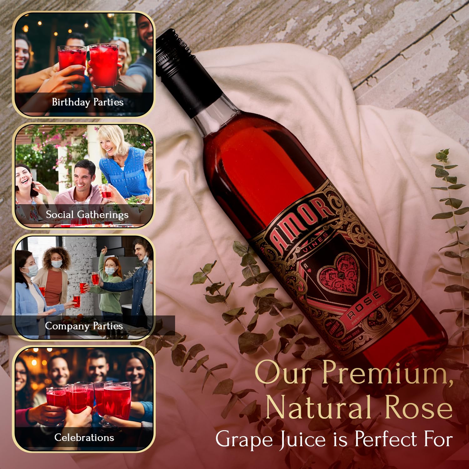 Amor Vines: Rosé Grape Juice - 100% Pure, Non-Alcoholic, No Water Added, Preservative-Free - 750ml Glass Bottles (Pack of 2)