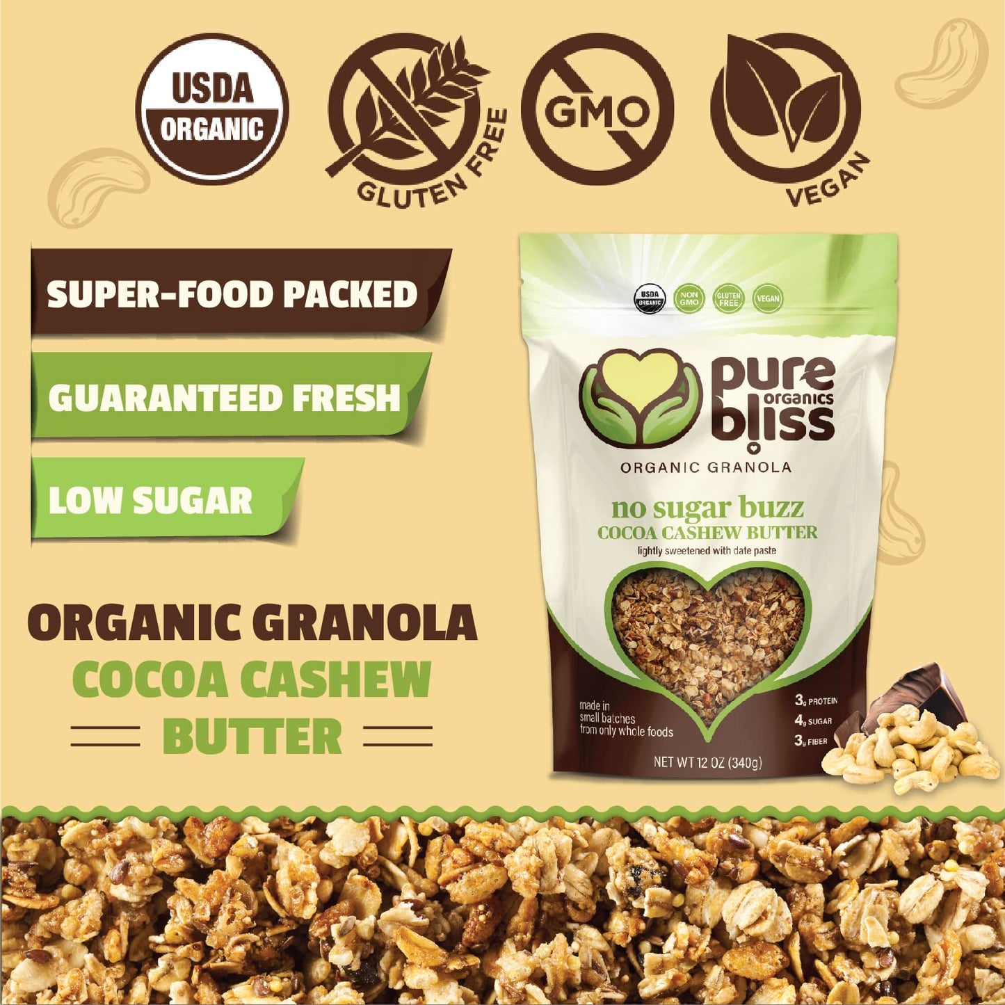 Pure Bliss Organic Low Sugar Granola (Cocoa Cashew Butter) Gluten Free, Vegan, Non-GMO, Low Glycemic, Best Tasting No Sugar Added, Superfoods, Healthy