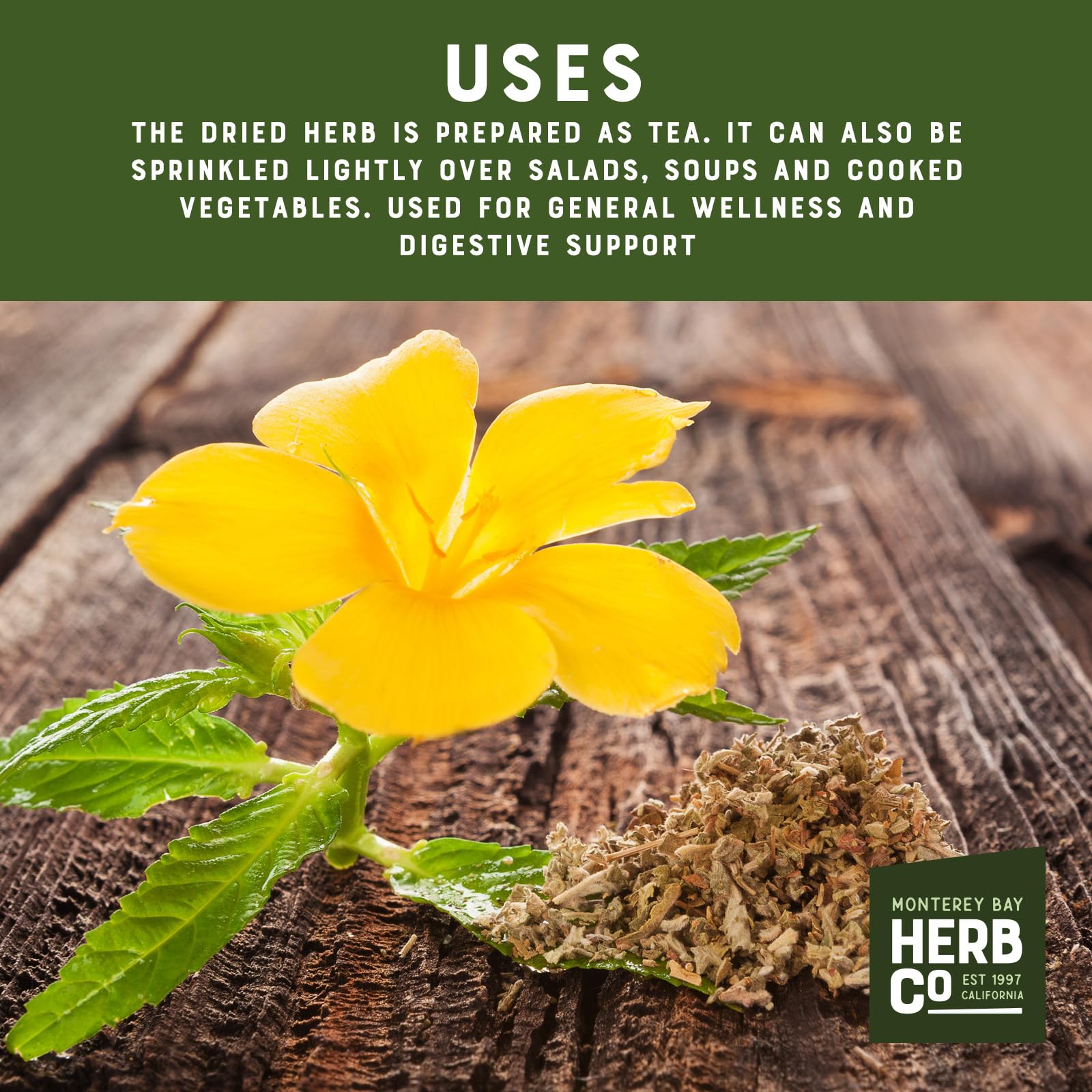Damiana Leaf Cut & Sifted, by Herb Co, Turnera diffusa, Old Woman's Broom, from Mexico, Kosher, for Herbal Tea Blends, Salads, Soups & Cooked