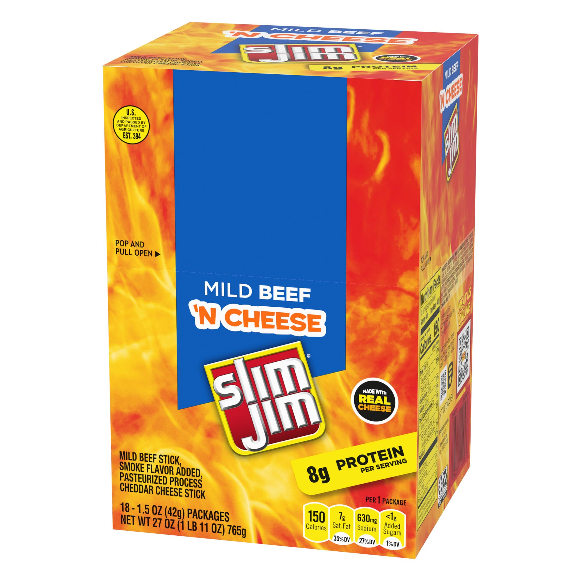 Slim Jim Beef 'N Cheese Smoked Meat Sticks, Mild Flavor, 8g Protein Per Serving, 1.5 oz. (18 Count)