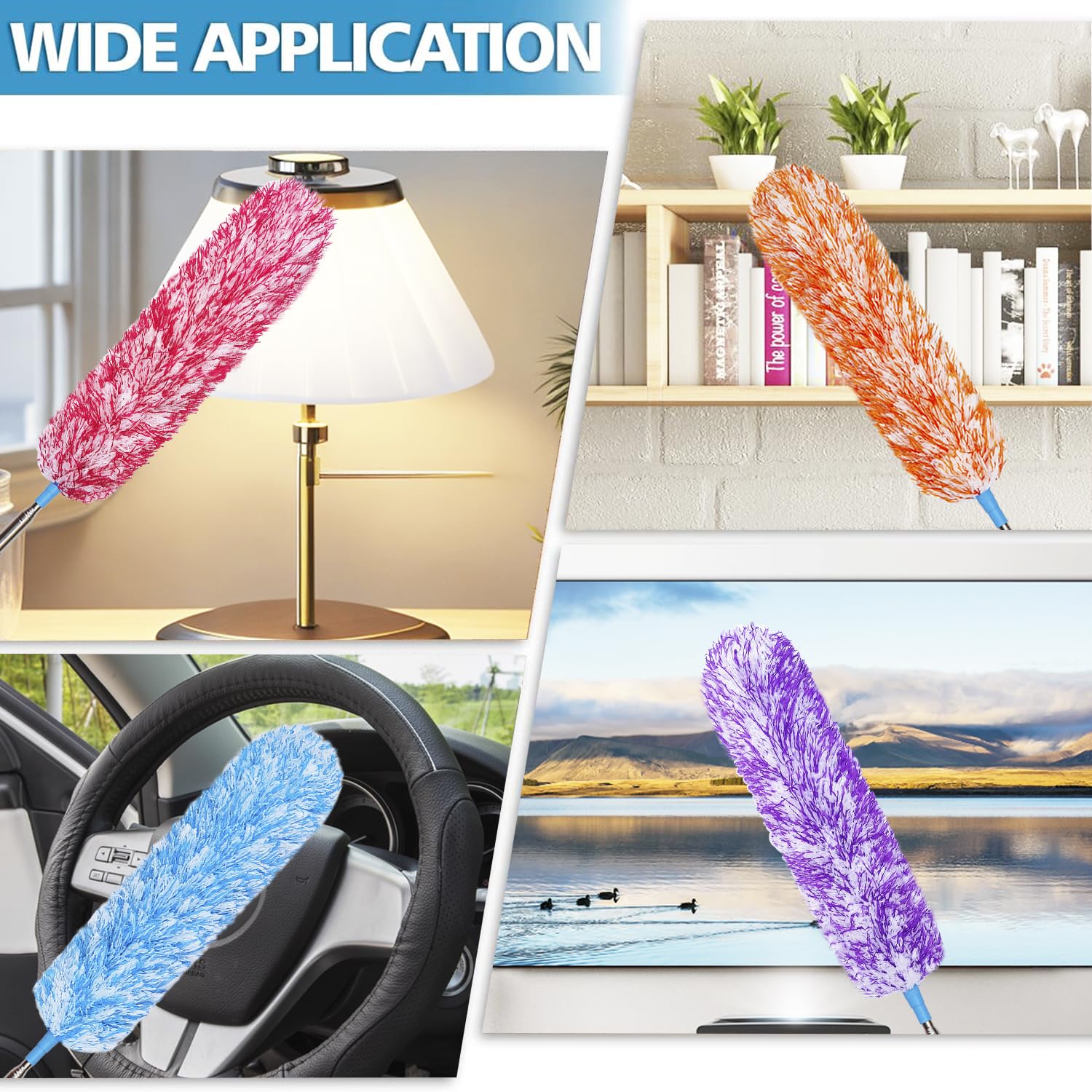 4 Pack Microfiber Feather Dusters, Up to 55 Inch Extension Pole, Cobweb Cleaner, Electrostatic Bendable Head,Telescoping Feather Dusters for Wall