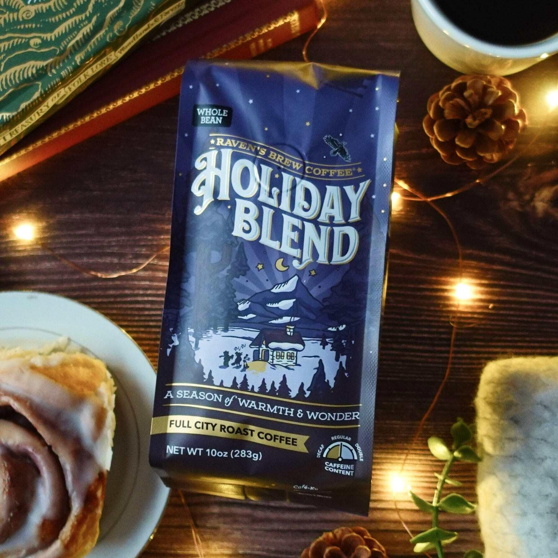 Raven's Brew Coffee Holiday Blend Ground Coffee - Premium 10oz Full City Roast with Molasses, Spices & Baker's Chocolate Notes | Seasonal Celebration