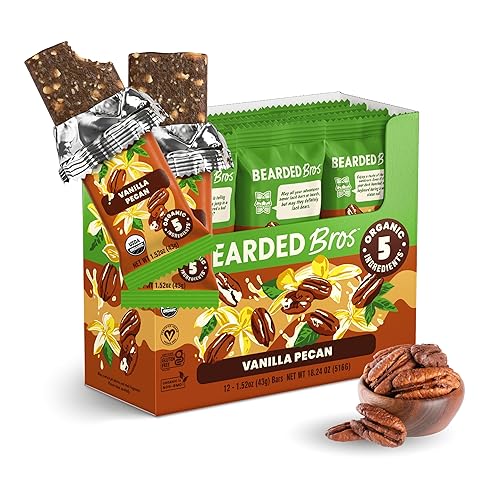 Bearded Brothers Organic Vegan Protein Energy Bars - Gluten Free, Paleo, Fiber, Whole 30 | Non GMO, Soy Free, Low Snacks | 12 Pack Vanilla Pecan
