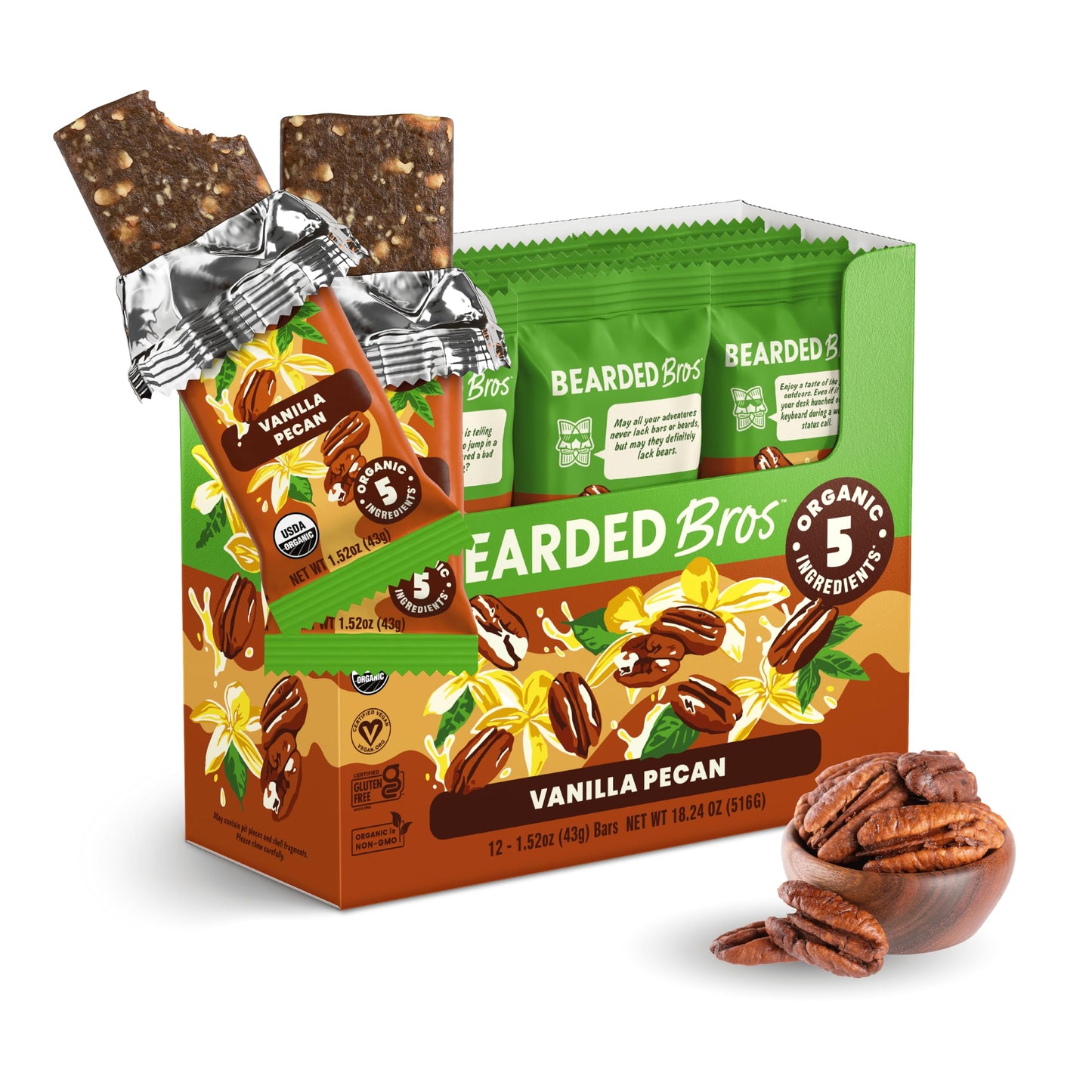 Bearded Brothers Organic Vegan Protein Energy Bars - Gluten Free, Paleo, Fiber, Whole 30 | Non GMO, Soy Free, Low Snacks | 12 Pack Vanilla Pecan