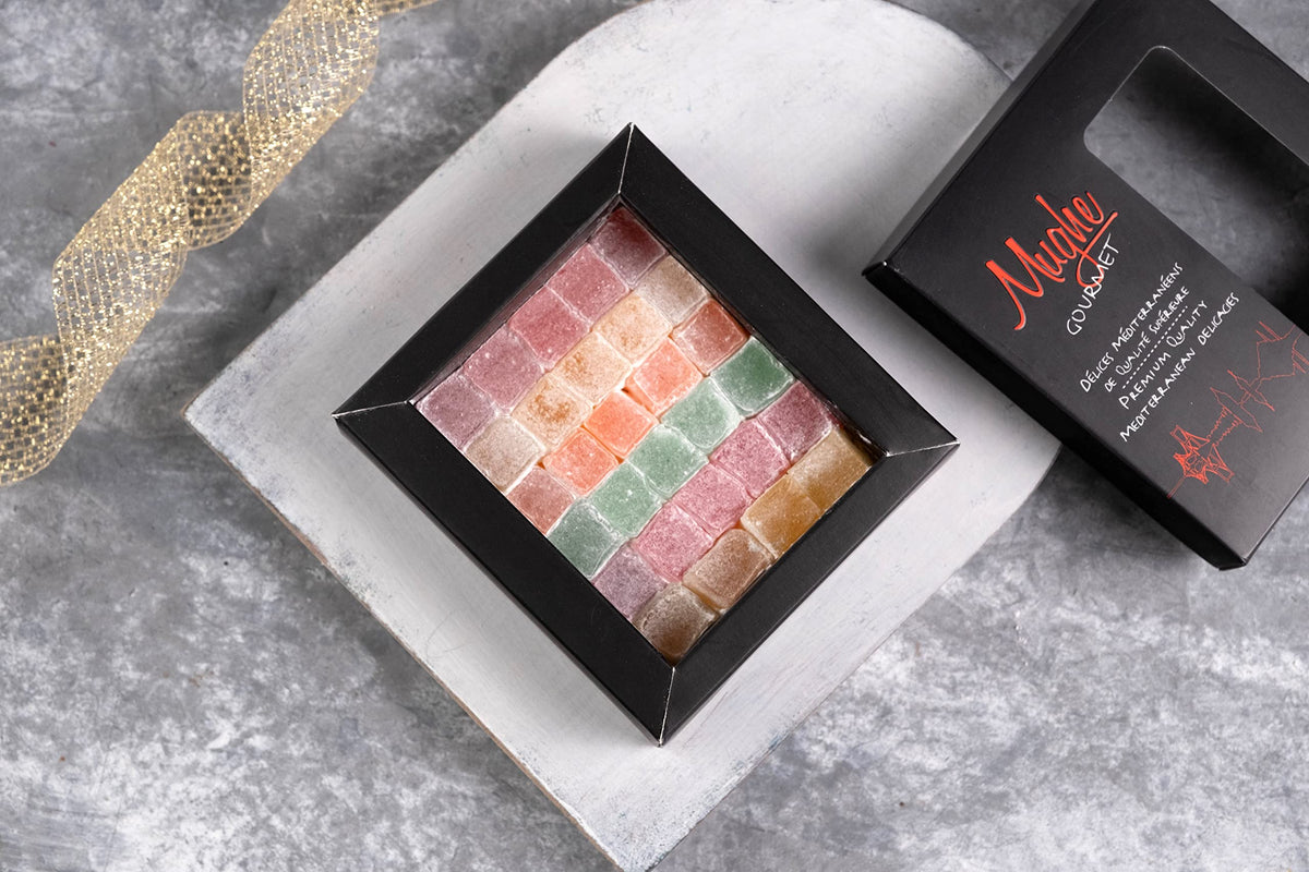Mughe Gourmet Turkish Delight Candy Elegant Gift Box - 7oz/200g - Halal, Vegan Lokum Fruit Flavors Rose, Strawberry, Lemon, Orange, Mint - Gifts