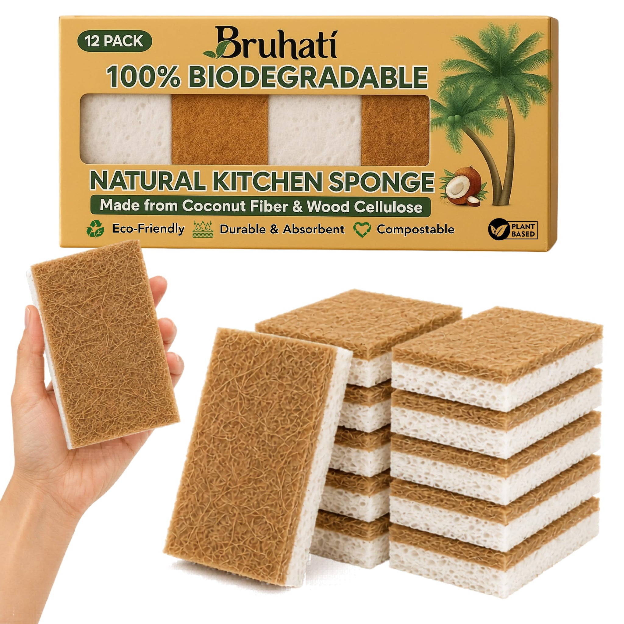 Bruhati Coconut Kitchen Sponges (12 Pack) - Natural Coconut Fiber & Cellulose Dish Scrubber, Biodegradable Compostable Plant-Based Sponges for Dishes