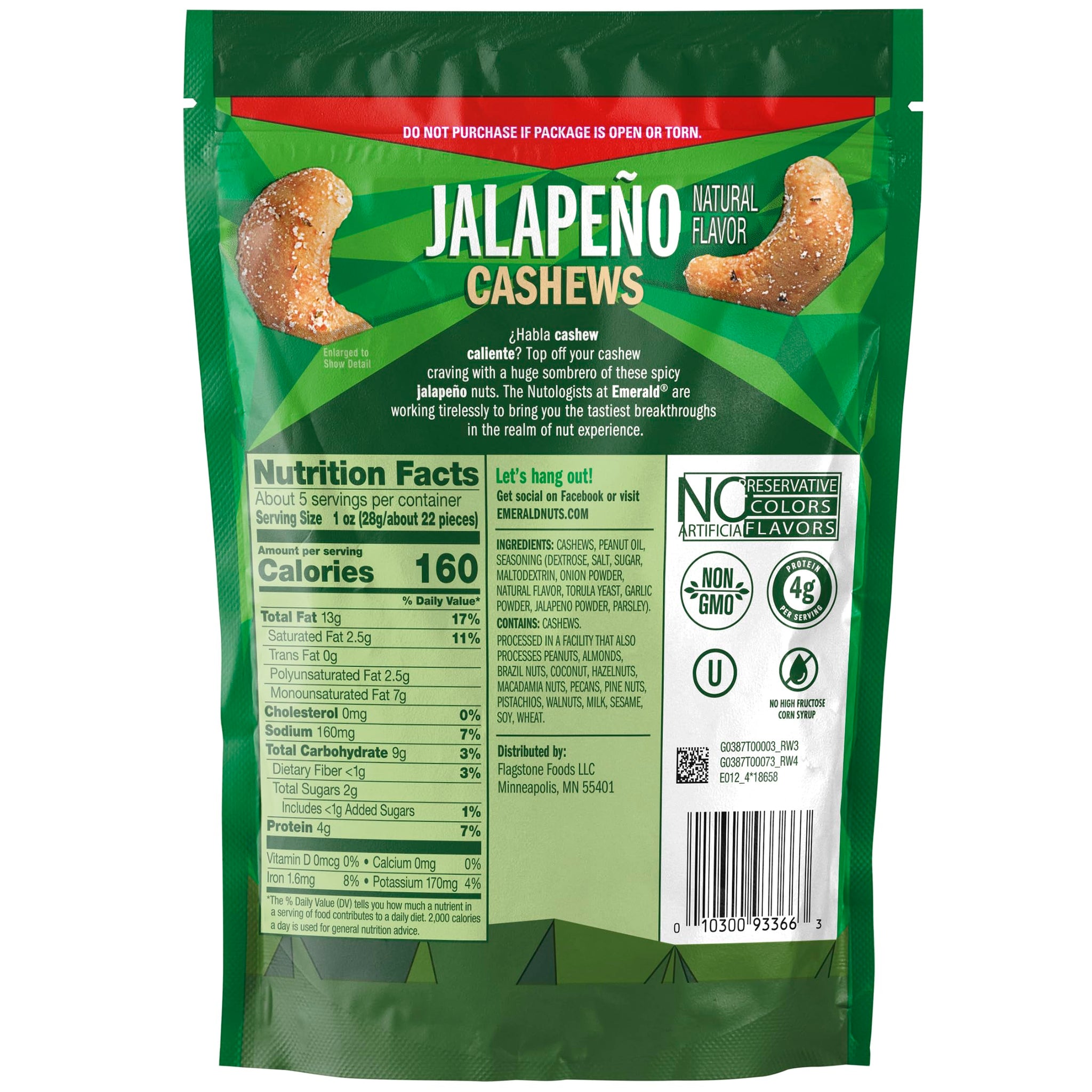 Emerald Nuts, Jalapeno Cashews, 5 Oz, Resealable Bag (Pack of 4)