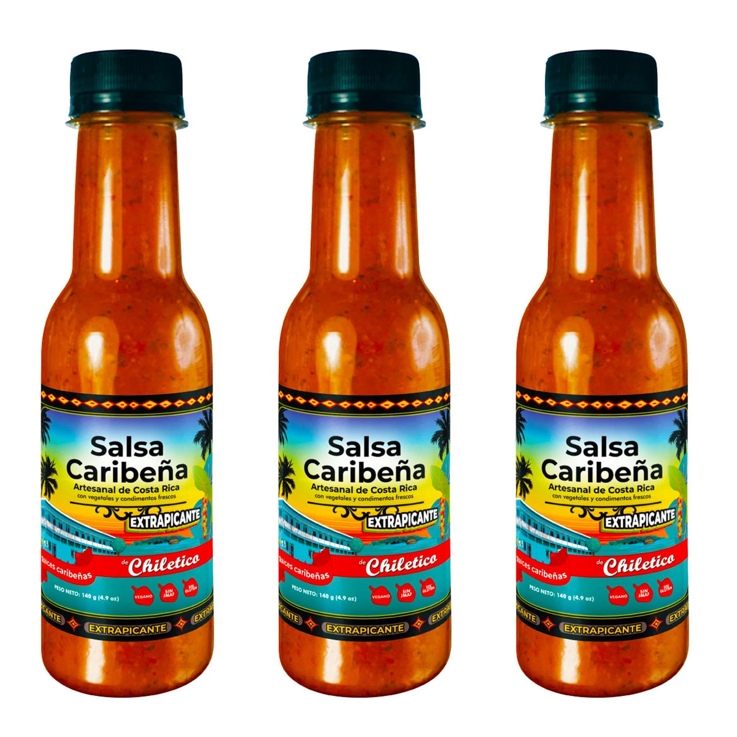 Chiletico Caribbean Extra Hot Sauce - Artisan and Authentic Costa Rican Salsa Picante - Intense Heat with Bold Tropical Flavor - Each Bottle of 4.9 oz