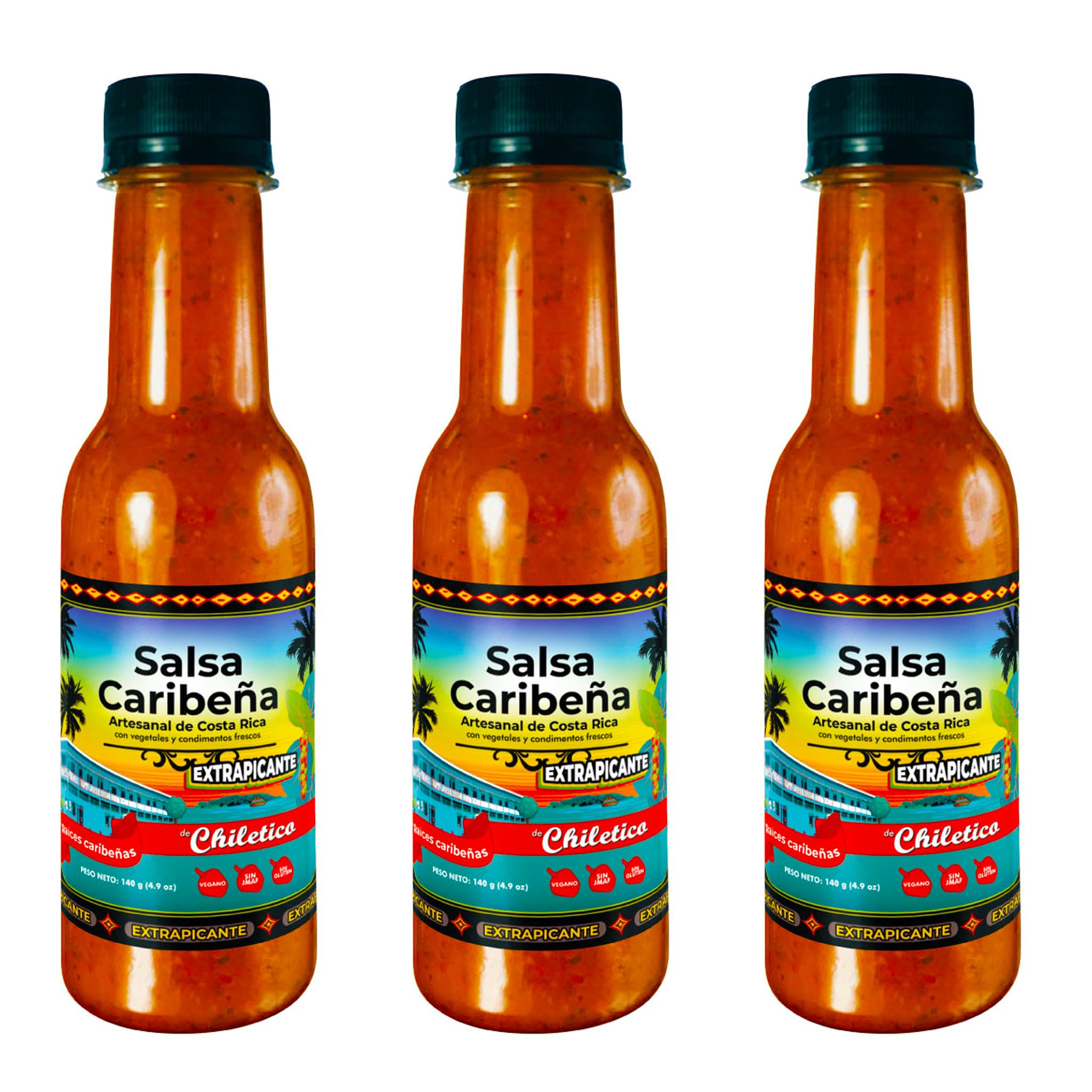 Chiletico Caribbean Extra Hot Sauce - Artisan and Authentic Costa Rican Salsa Picante - Intense Heat with Bold Tropical Flavor - Each Bottle of 4.9 oz