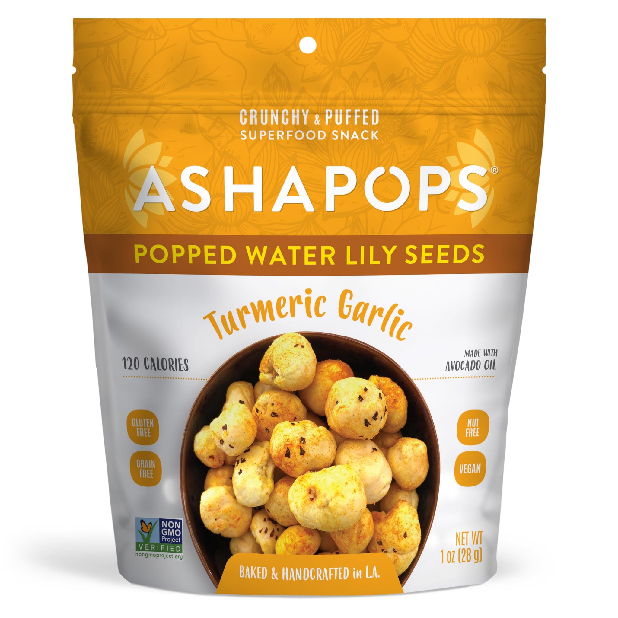 AshaPops Turmeric Garlic Popped Water Lily Seeds, 1 OZ