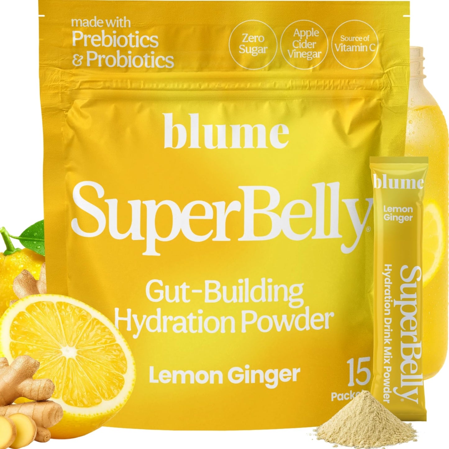 Blume SuperBelly Gut Health + Hydration, Daily Sugar Free Probiotics, Prebiotic Fiber, and Electrolytes Powder Packets for Digestion Support, Stacked