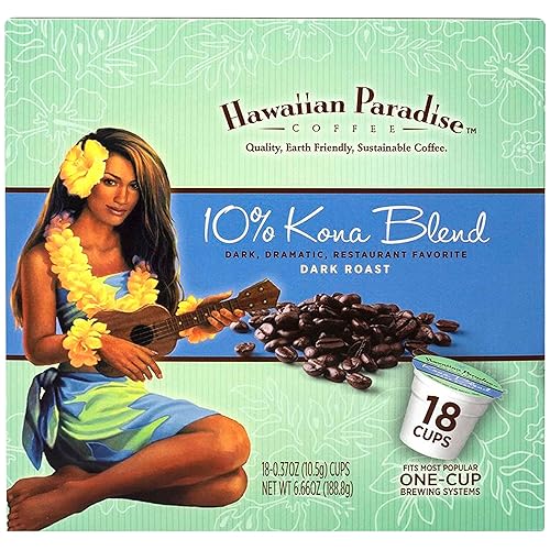 Hawaiian Paradise Coffee 10% Kona Blend Single Serve Cups 18 Count Dark Roast - Made From The Finest Beans - Compatible with Keurig K-Cup Brewers
