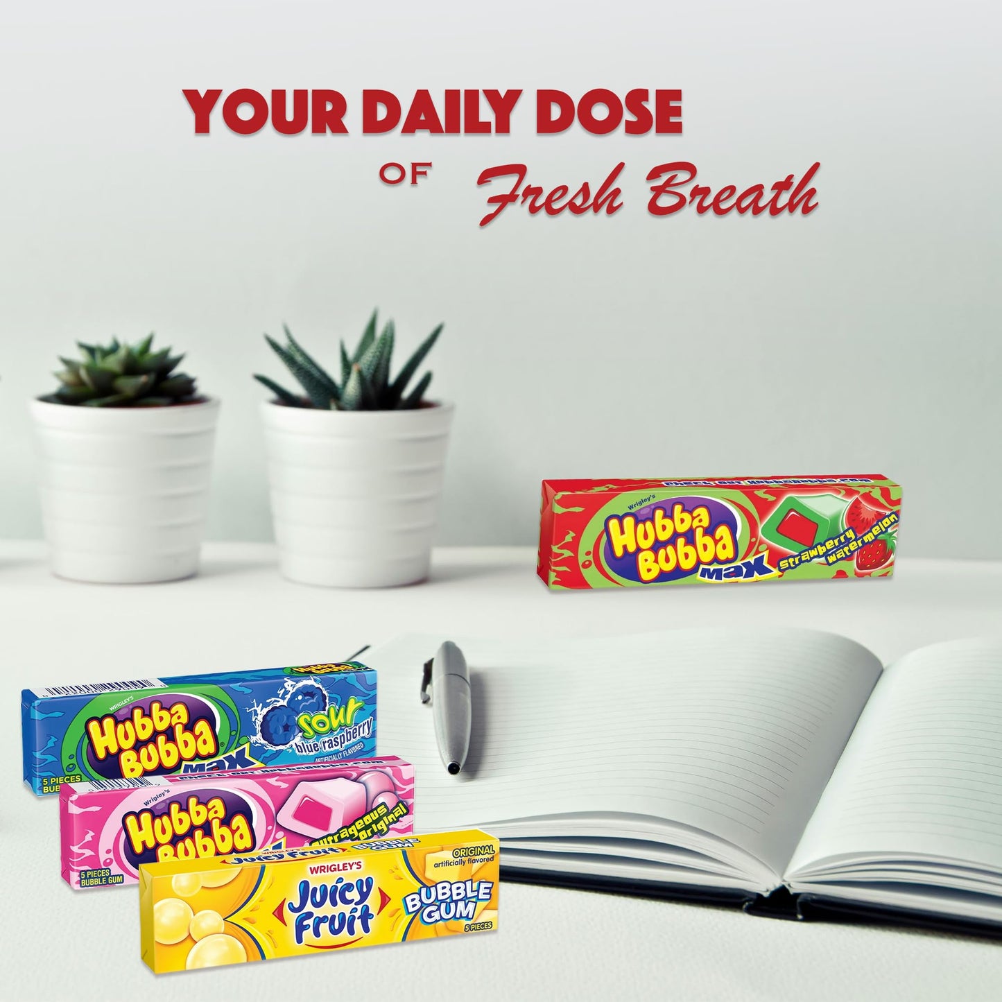 Gum Variety 8 Pack- Including 2 Packs Each of 4 Flavors- Max Strawberry Watermelon, Sour Blue Raspberry, Outrageous Original, and Juicy Fruit Original