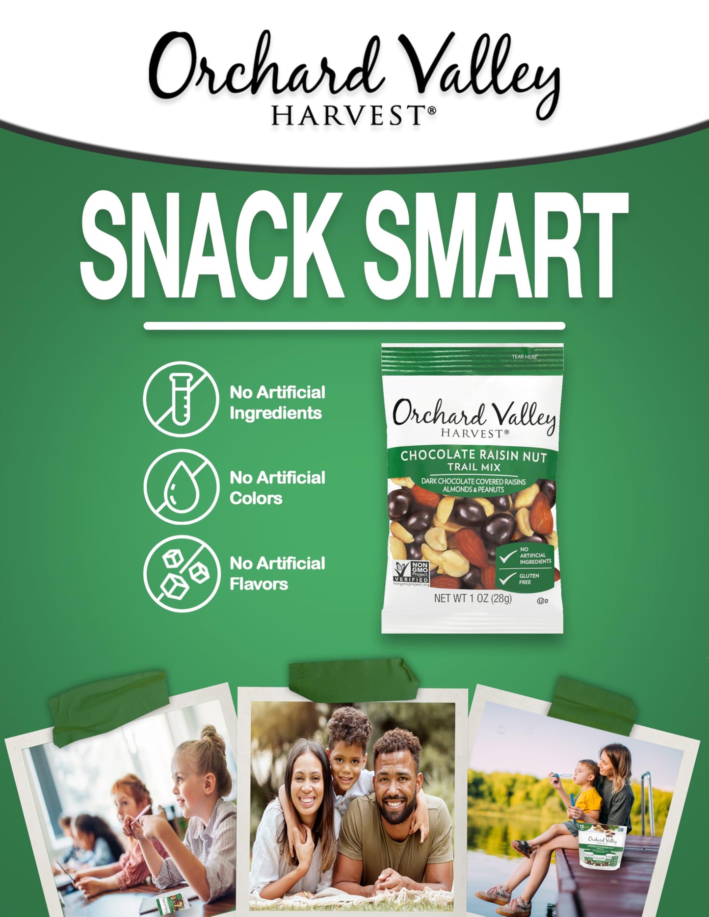 Orchard Valley Harvest Chocolate Raisin Nut Trail Mix, 1 Ounce Bags (Pack of 15), Dark Chocolate Covered Raisins, Almonds, and Peanuts, Trail Mix