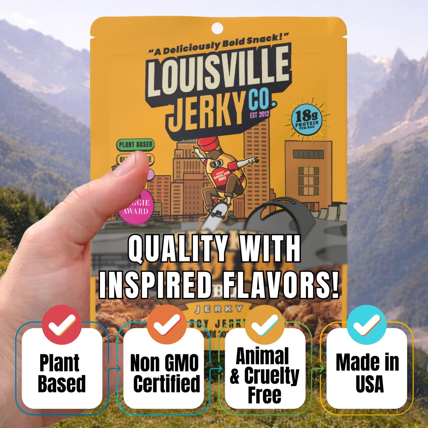 Louisville Jerky Co. Sweet & Smoky Carolina Mustard BBQ Vegan Jerky, Plant Based Protein Snack (3 Ounce, 3-Pack) - Smoky Southern BBQ Flavor