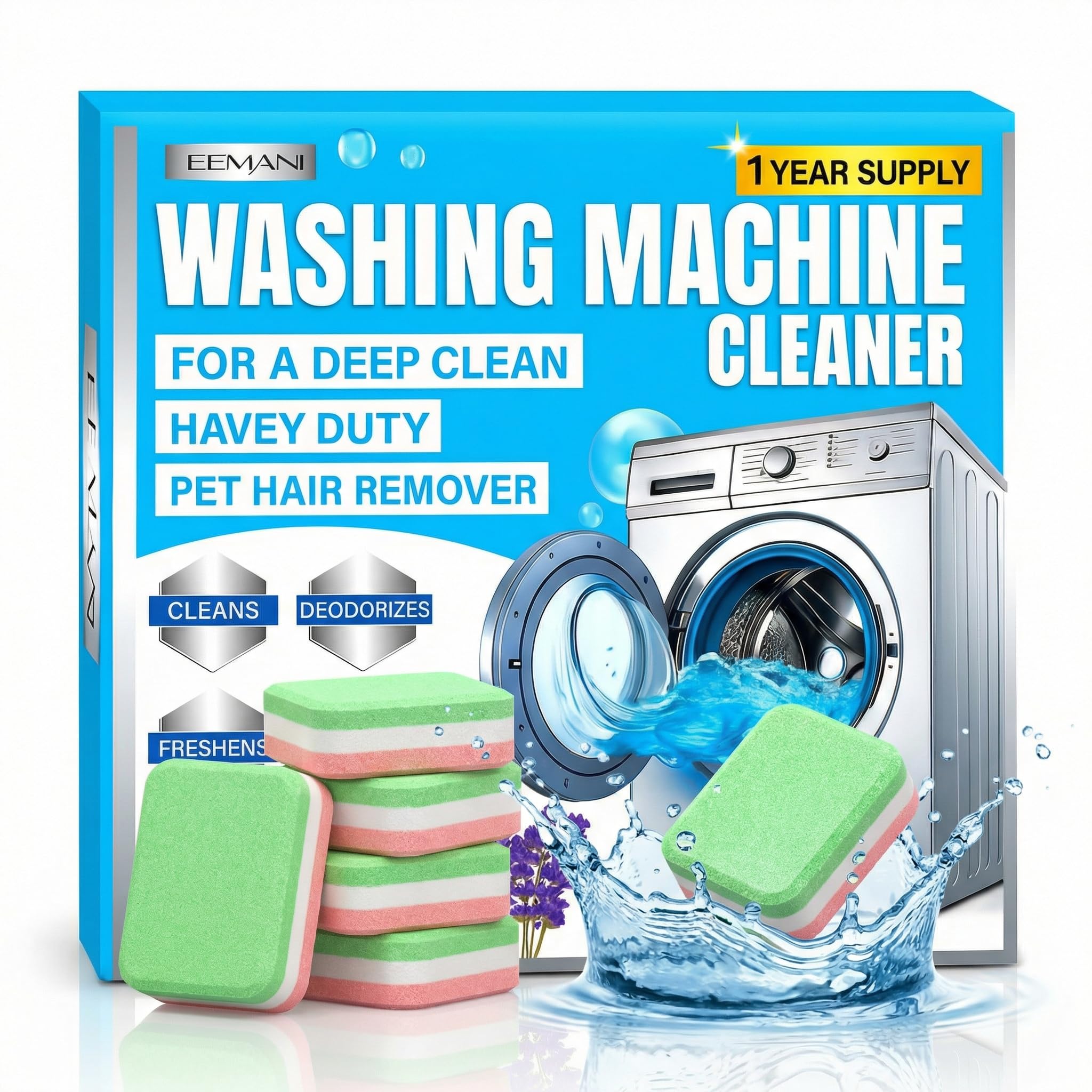 EEMANI Washing Machine Cleaner Tablets 24 Pack - Deep Cleaning for HE Front & Top Load Washer, 20g Tablets, Freshener for Drum & Tub - 1 Year Supply