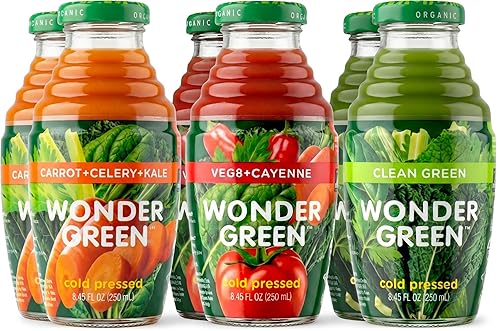 Wonder Green 100% Organic Cold Pressed Juice Variety Pack , 8.45 oz (6 Pack) | 2 Veg8 + Cayenne, 2 Clean Green, 2 Carrot, Celery, Kale | Vegetable