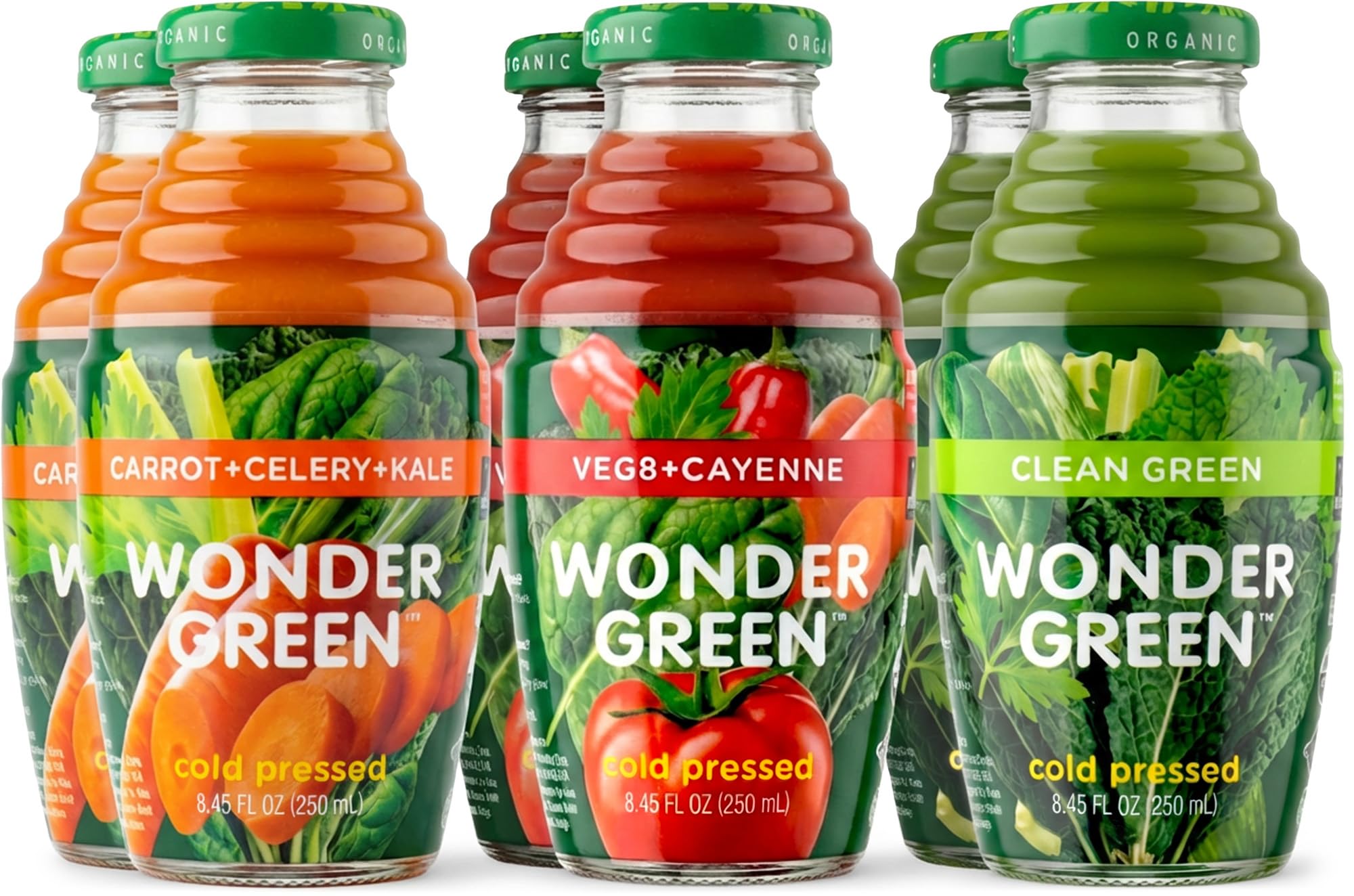 Wonder Green 100% Organic Cold Pressed Juice Variety Pack , 8.45 oz (6 Pack) | 2 Veg8 + Cayenne, 2 Clean Green, 2 Carrot, Celery, Kale | Vegetable