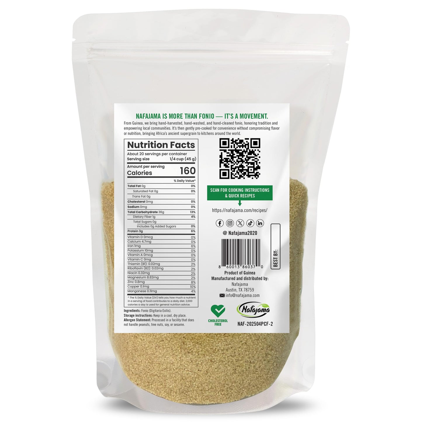 Nafajama Premium Gluten-Free Pre-Cooked Fonio Grain | Ancient African Super- grain| All-Natural, Non-GMO, Vegan, High-Fiber Superfood -1 Bag of 2 lb / 907g