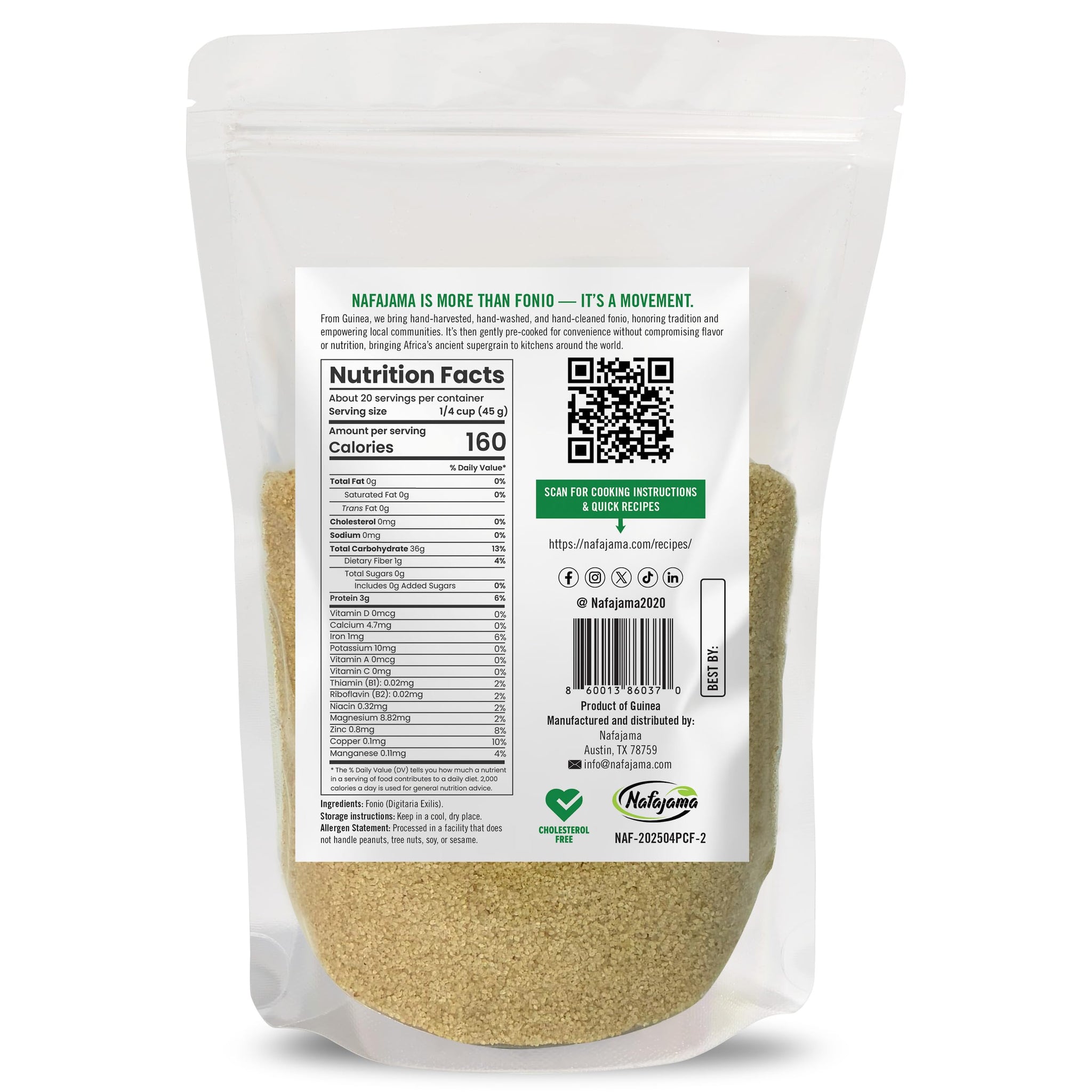 Nafajama Premium Gluten-Free Pre-Cooked Fonio Grain | Ancient African Super- grain| All-Natural, Non-GMO, Vegan, High-Fiber Superfood -1 Bag of 2 lb / 907g