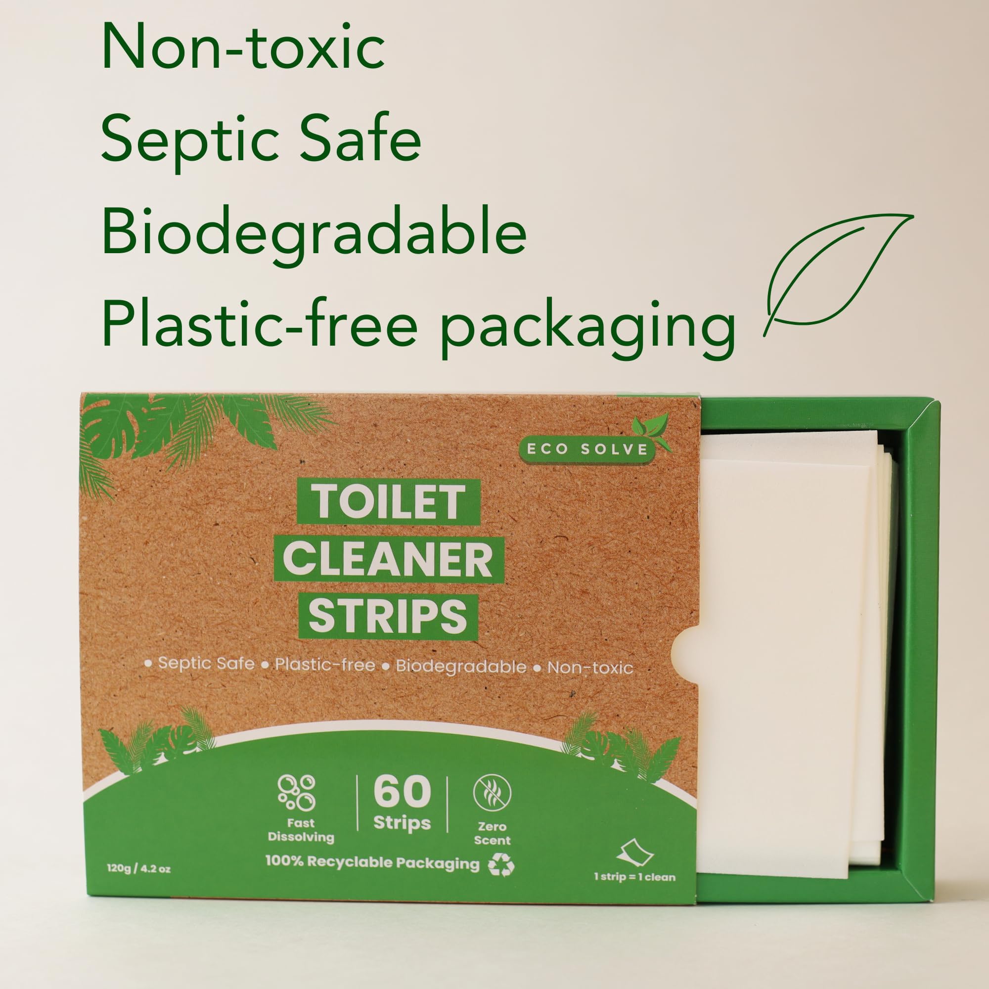 Eco Solve Toilet Bowl Cleaner Strips 60 Count, Unscented Eco-friendly, Non-toxic, Septic Safe, Removes Odors & Stains, Plastic-free, Natural Toilet