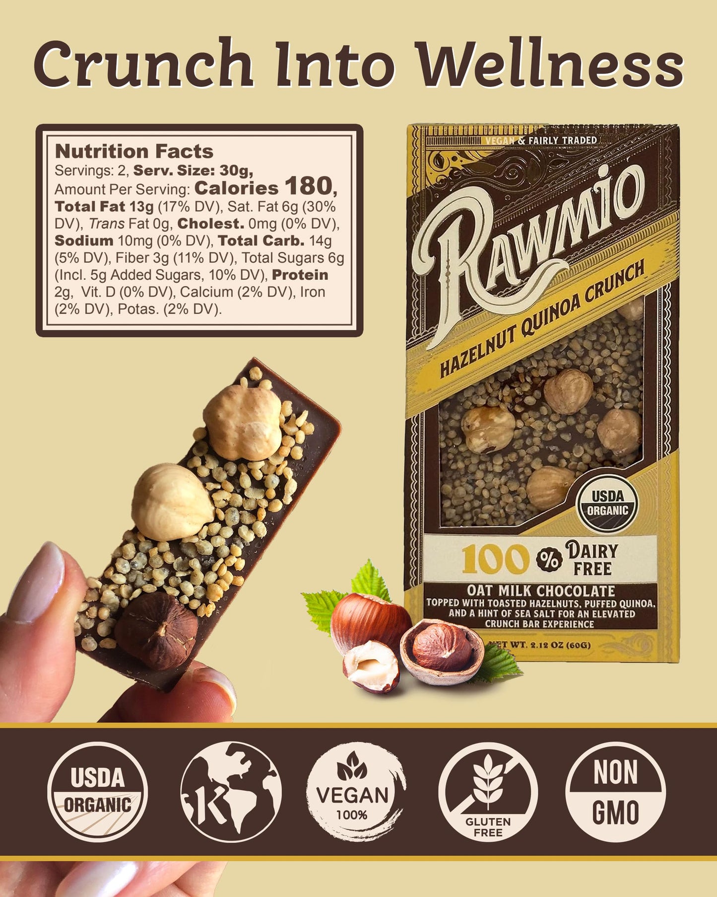 Rawmio Hazelnut Quinoa Crunch Bark - Crunchy Chocolate Bars with Dietary Fiber - Vegan Chocolate with Hazelnuts, Organic Quinoa, & Sea Salt - Decadent