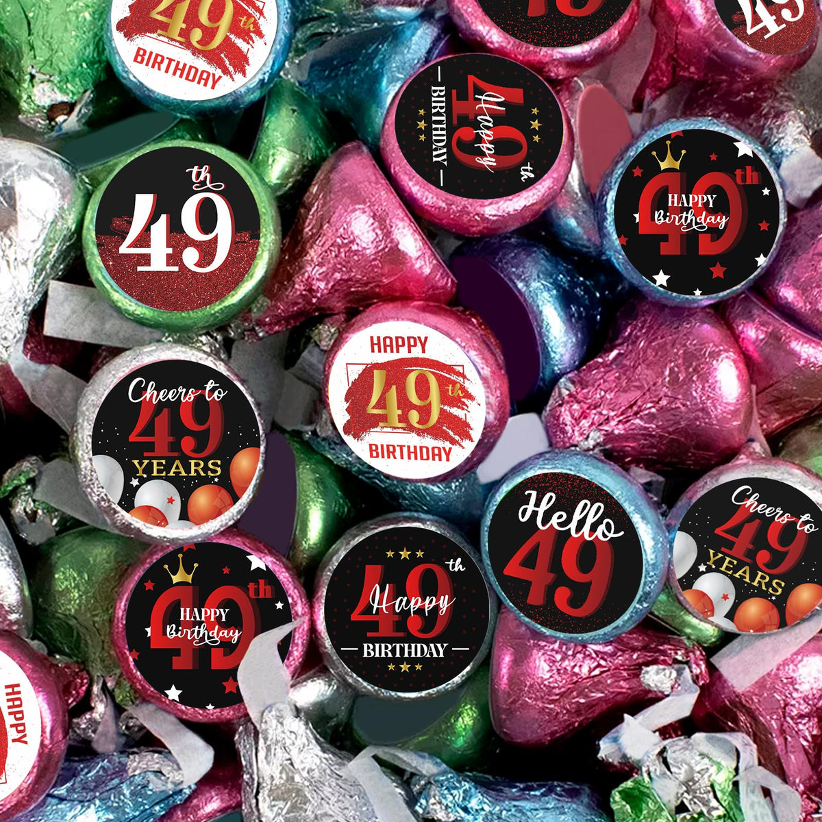 Happy 49th Birthday Party Favor Labels Chocolate Candy Stickers - 49 Years Old Birthday Round Candy Sticker Party Favors - Black and Red - 150