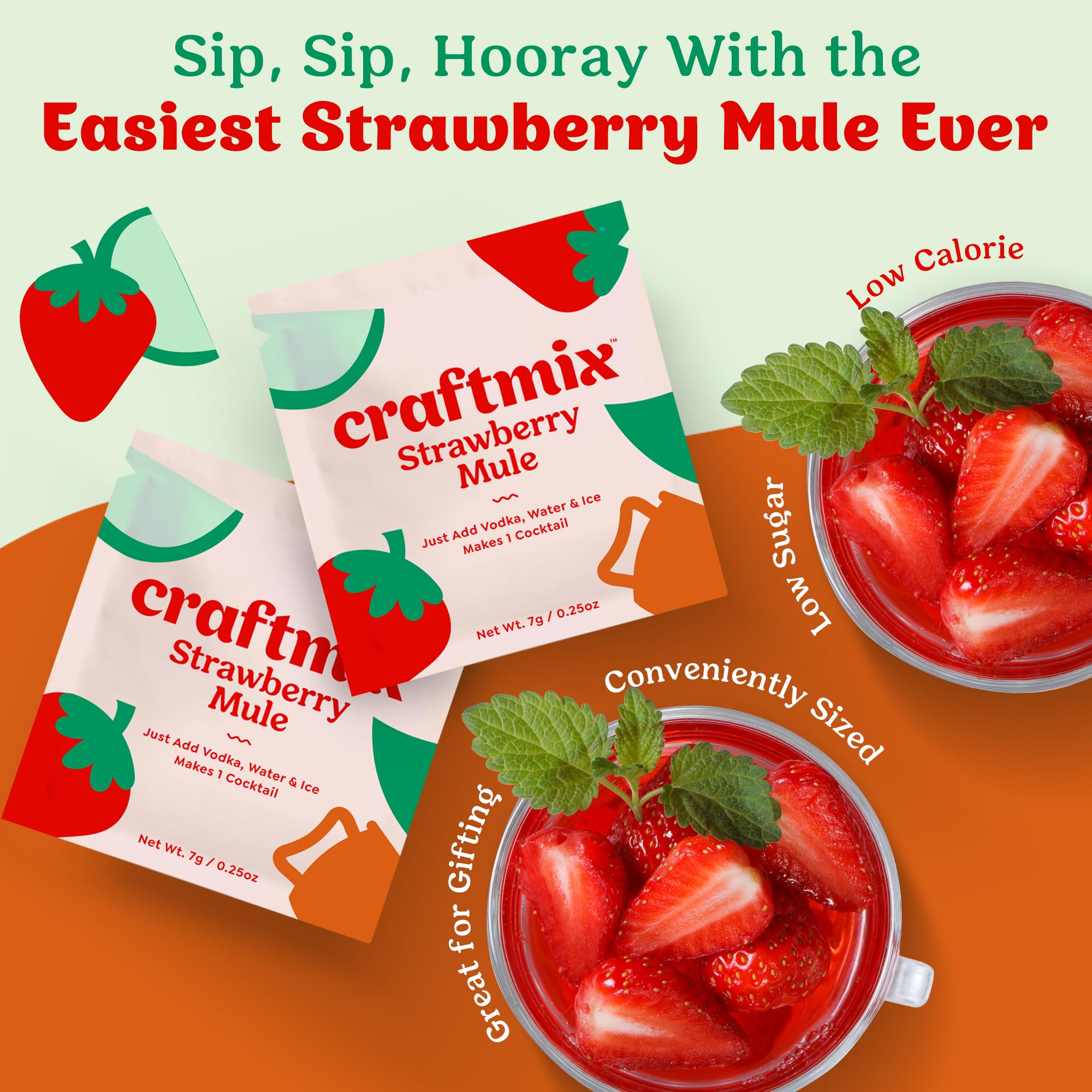 Craftmix Strawberry Mule Cocktail & Mocktail Drink Mixer, Skinny Mixes - Water Flavoring Packets - Made With Real Fruit - Vegan, Low-Carb, Low-Sugar