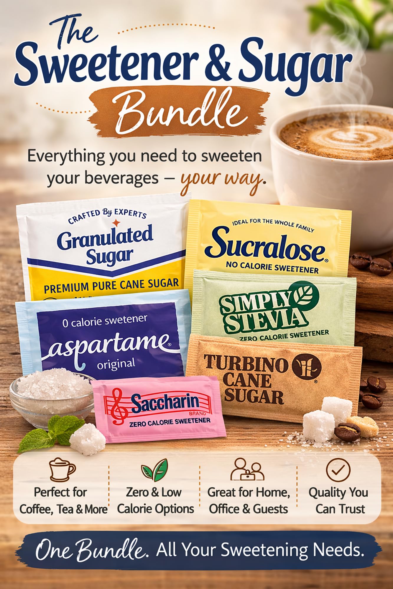 300 Count Sugar & Sweetener Packets Variety | White Sugar, Raw Sugar In The Raw, Zero Calorie Sweeteners | Coffee Sweetener Assortment | Individually