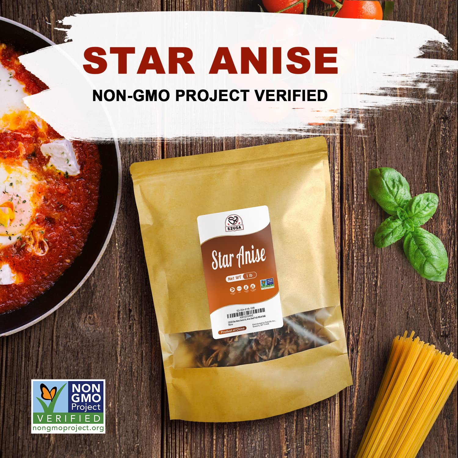 52USA Star Anise, 16 Ounce (Pack of 1), NON-GMO Verified Chinese Star Anise Whole, Dried Star Anise Pods for Tea and baking