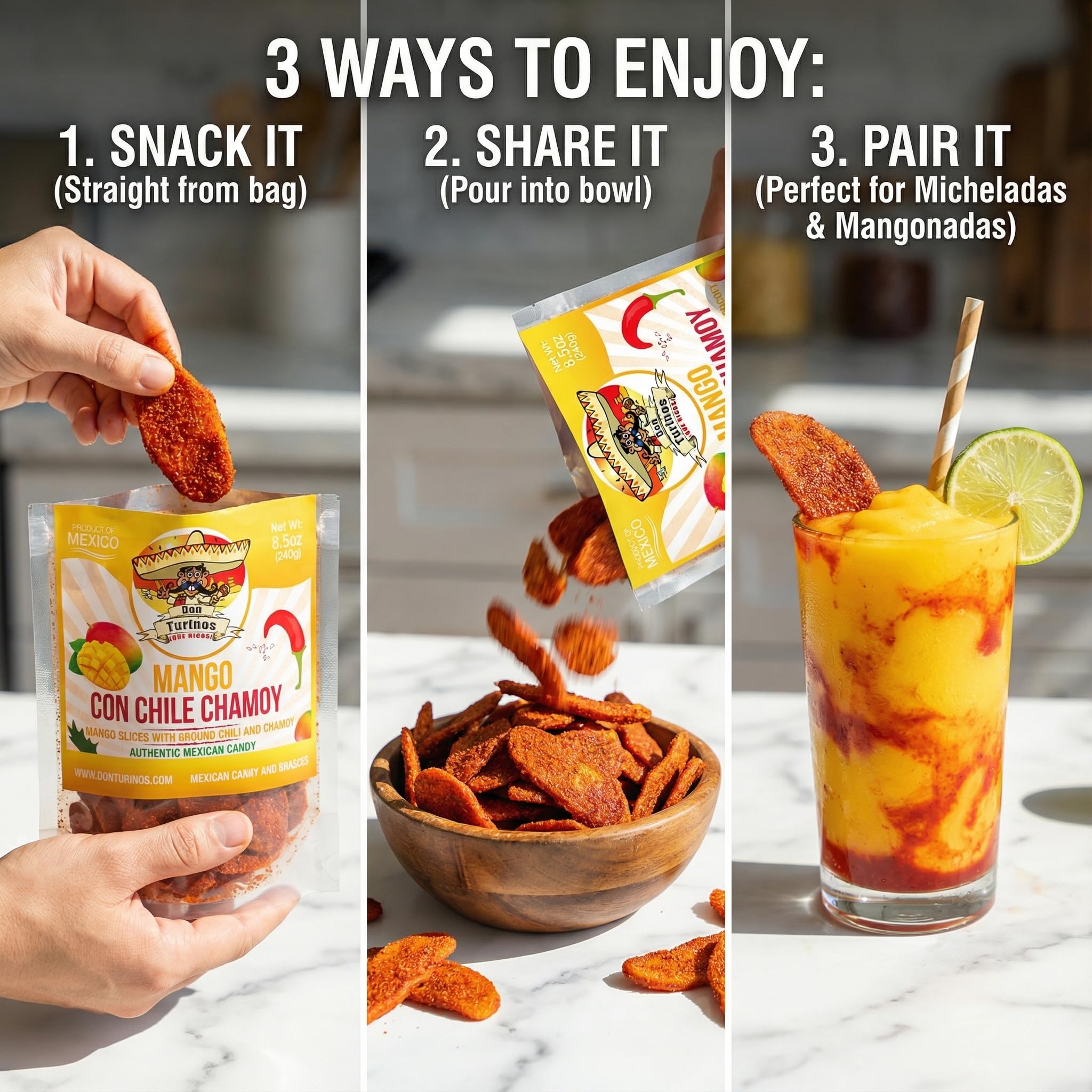 Chili Chamoy Mango Slices, 8.5 oz. Bag of Authentic Mexican Dry Fruit Candy, Sweet and Spicy Flavor, Fresh and Natural Dulce Mexicano, by Don Turinos