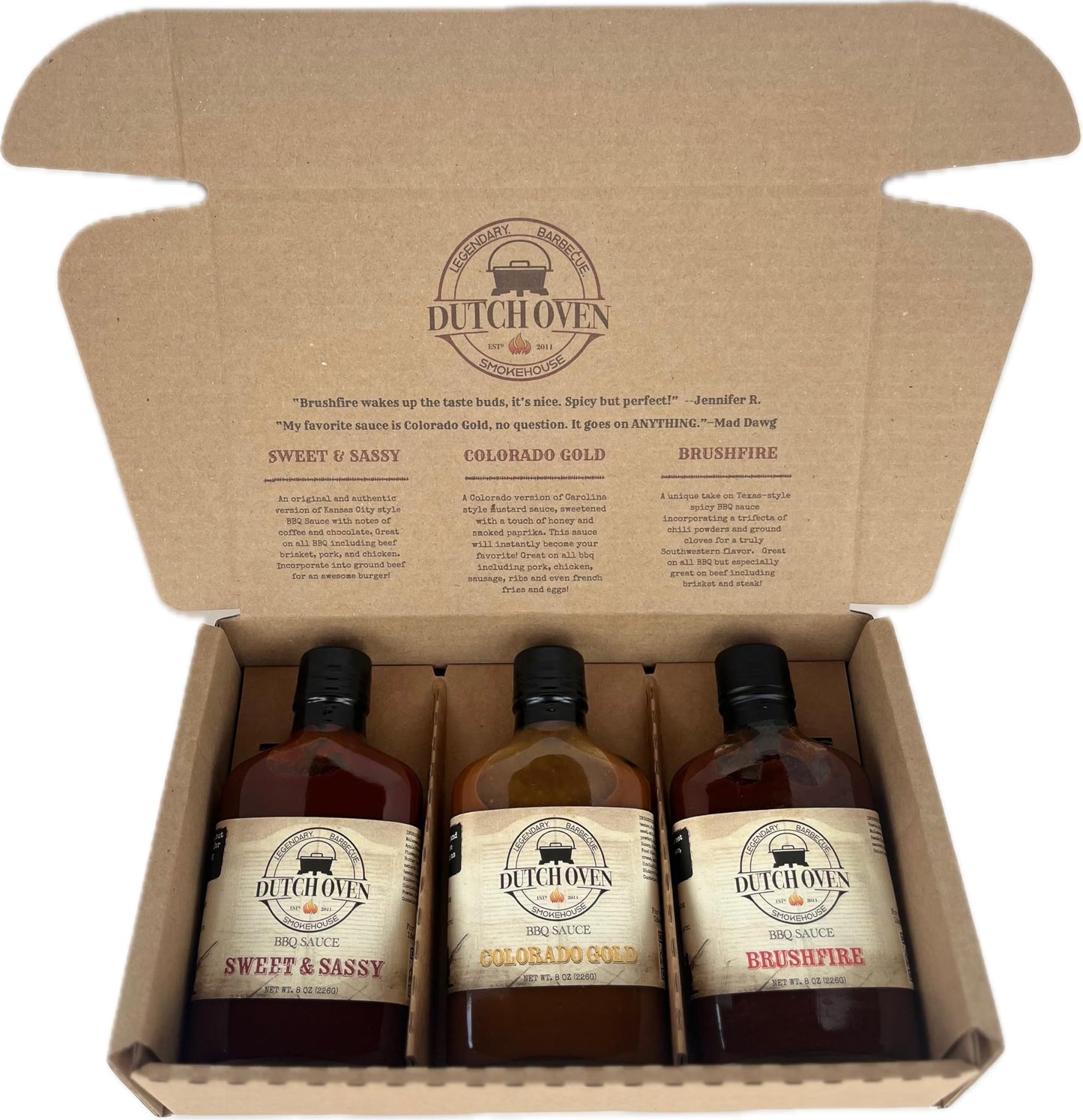 Dutch Oven Smokehouse BBQ Sauce Gift Set - Original 3 Pack with Sweet & Sassy, Brushfire, Colorado Gold - All-Natural, Small-Batch BBQ Sauces