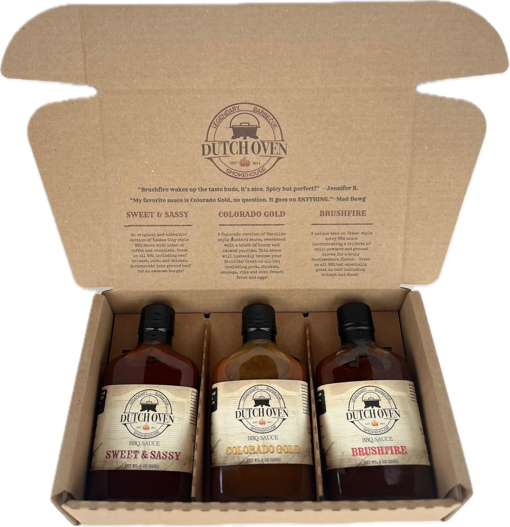 Dutch Oven Smokehouse BBQ Sauce Gift Set - Original 3 Pack with Sweet & Sassy, Brushfire, Colorado Gold - All-Natural, Small-Batch BBQ Sauces